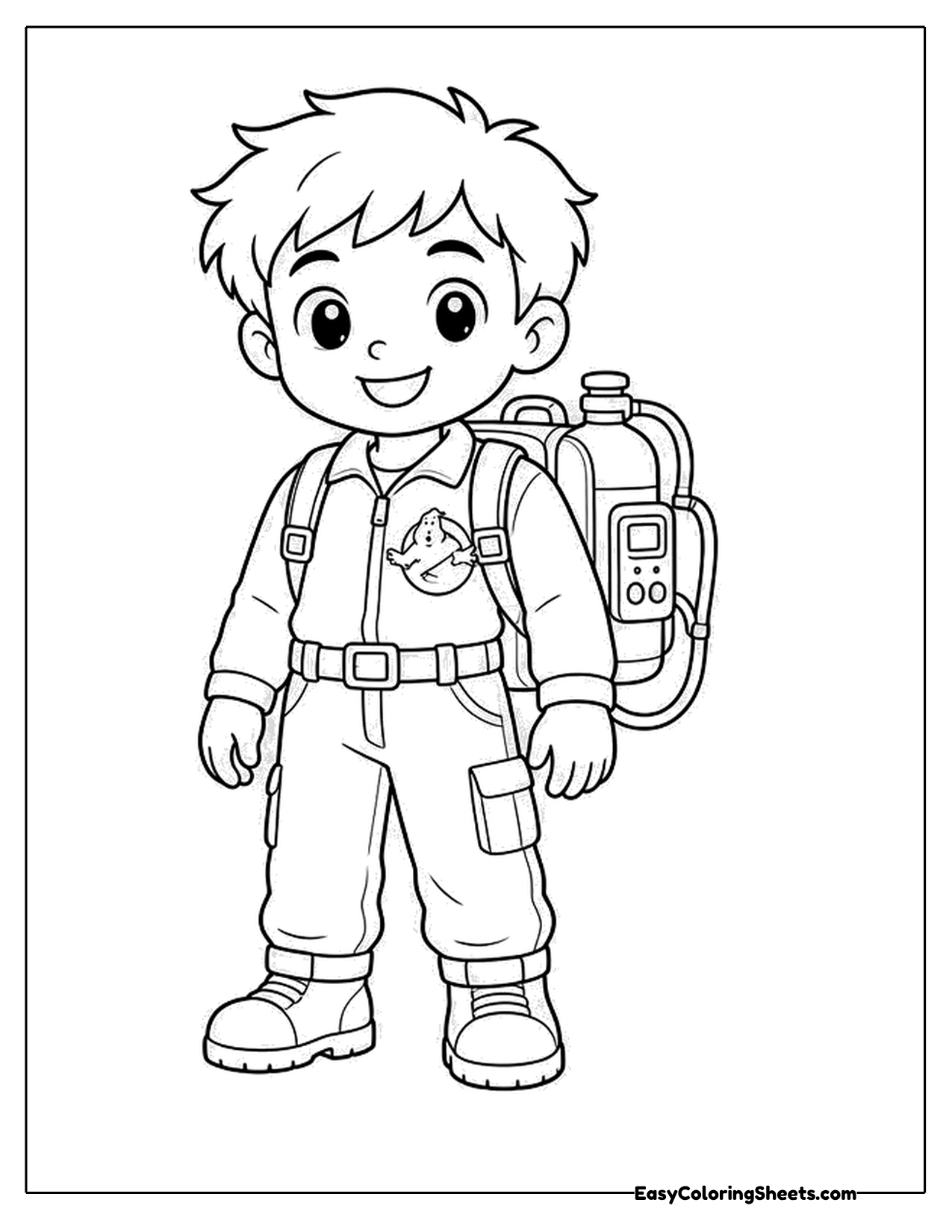 Boy in a jumpsuit wearing a big gear backpack