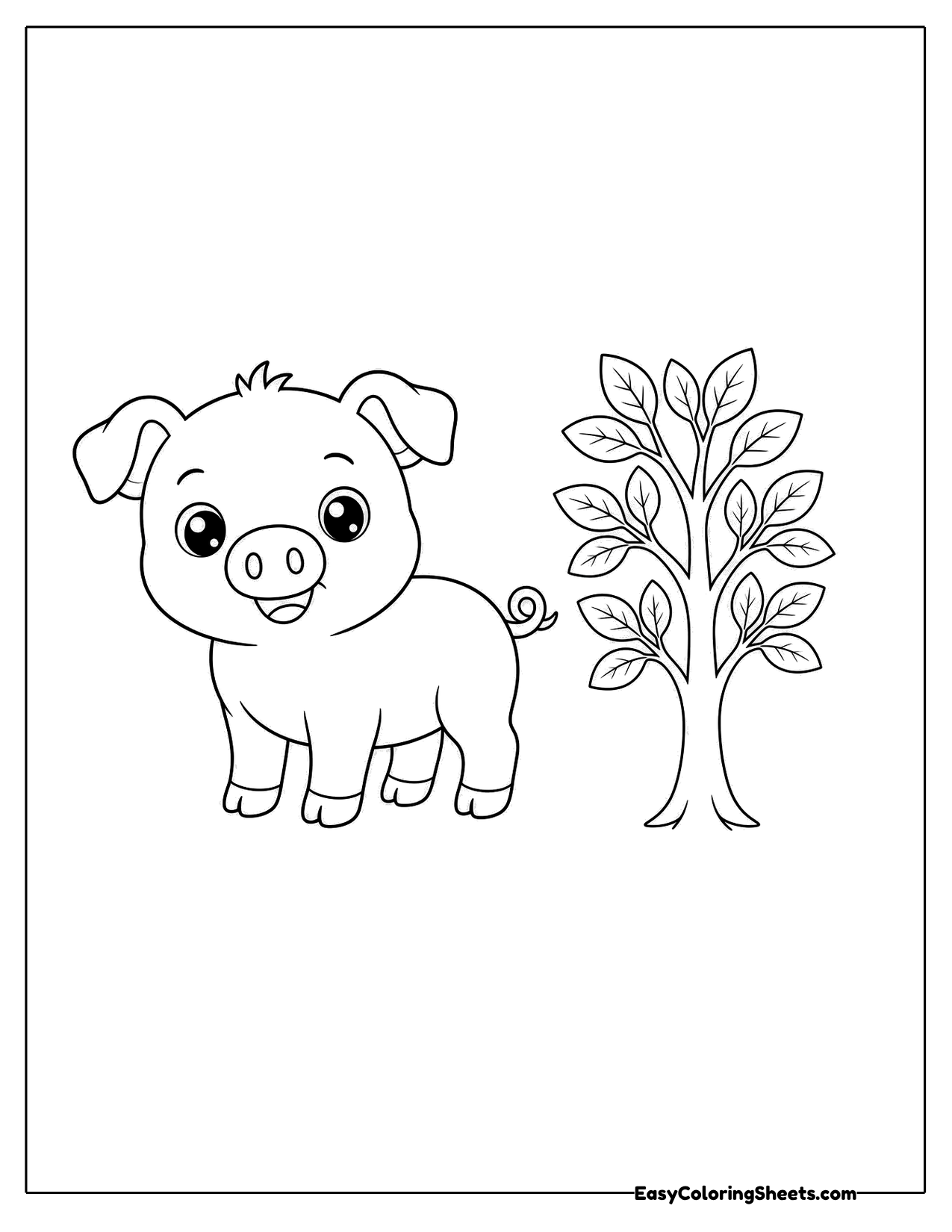 Pig standing by a small tree