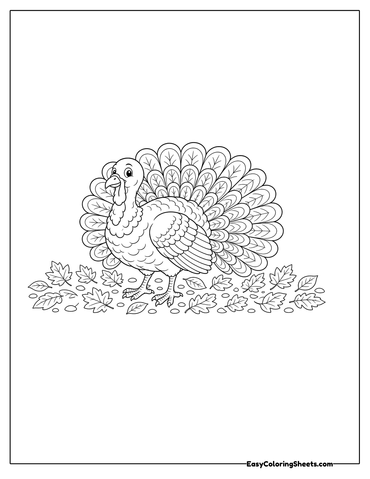 Turkey in a leafy yard fanning its patterned tail
