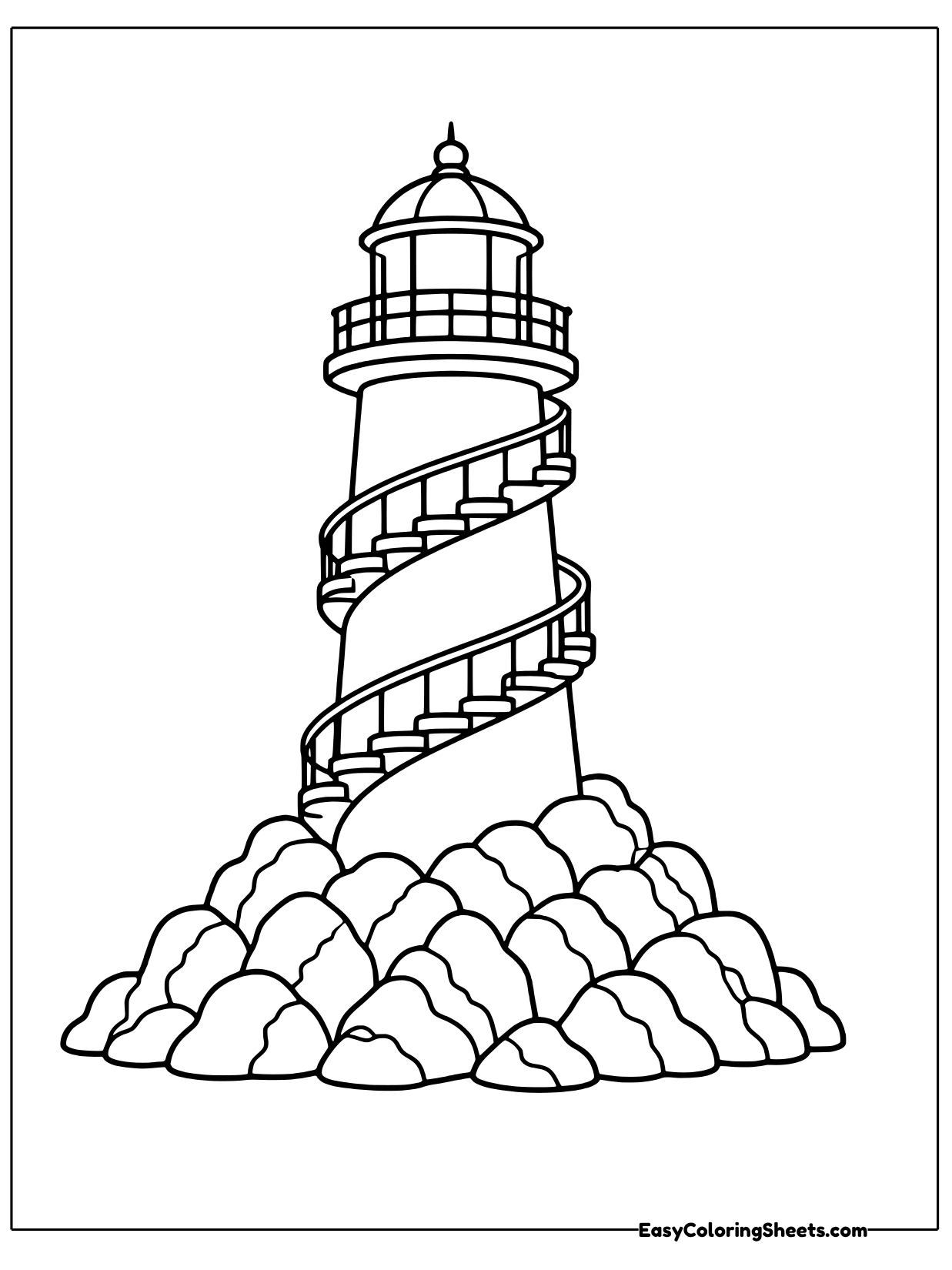 A tall lighthouse with a spiral stripe wrapping around it stands on a pile of rocks.