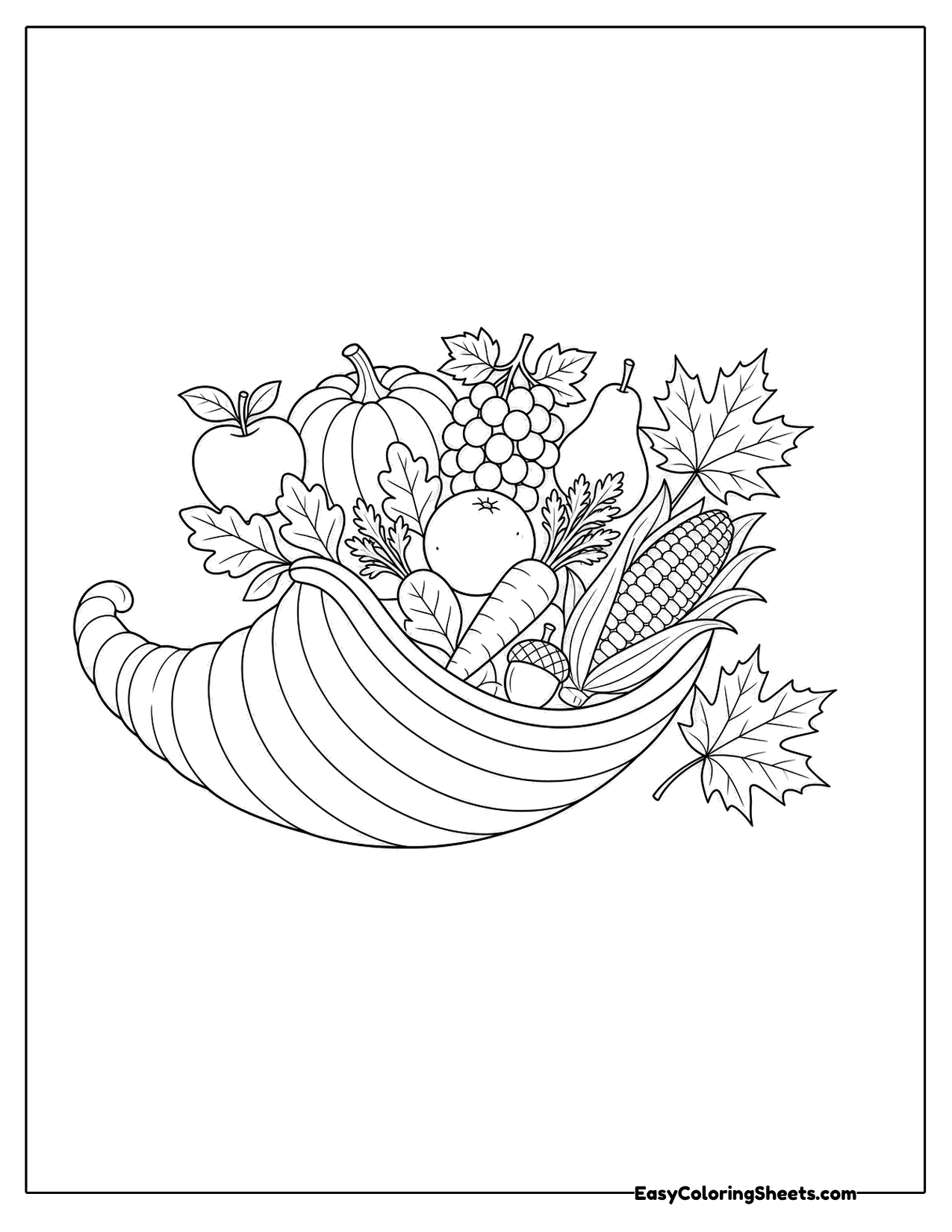 Woven horn of plenty spilling apples, grapes, corn, pumpkins and leaves