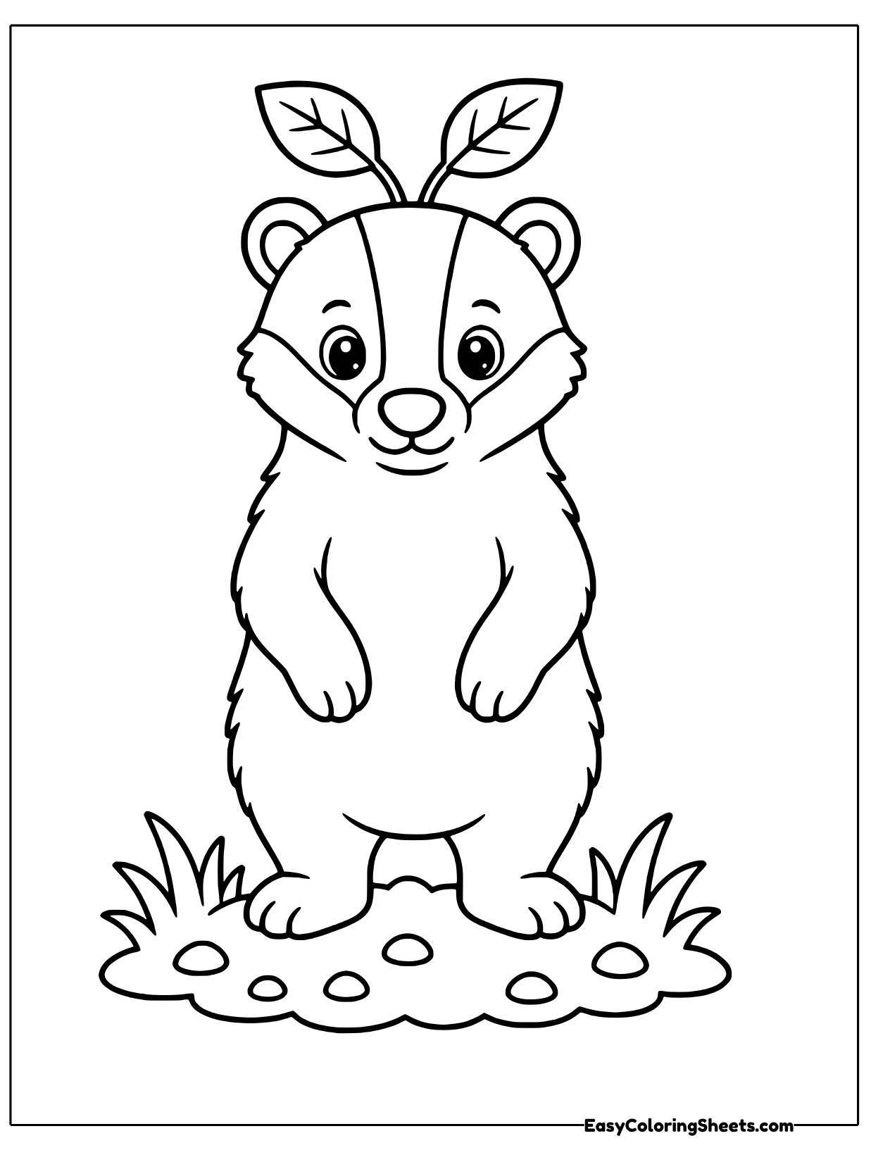 A badger stands upright on a grassy patch with its arms at its sides and leaves sprouting from its head.