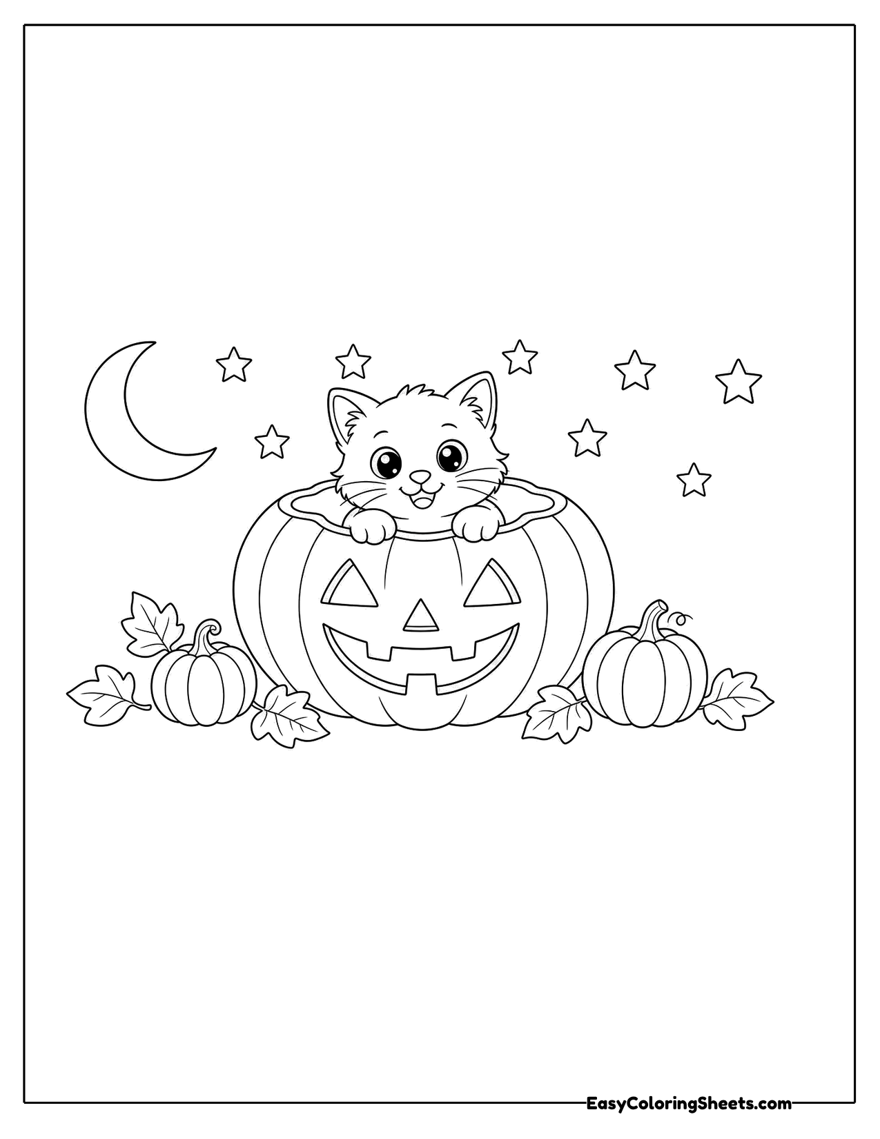 Kitten peeking out of a carved jack-o-lantern with small pumpkins, moon and stars
