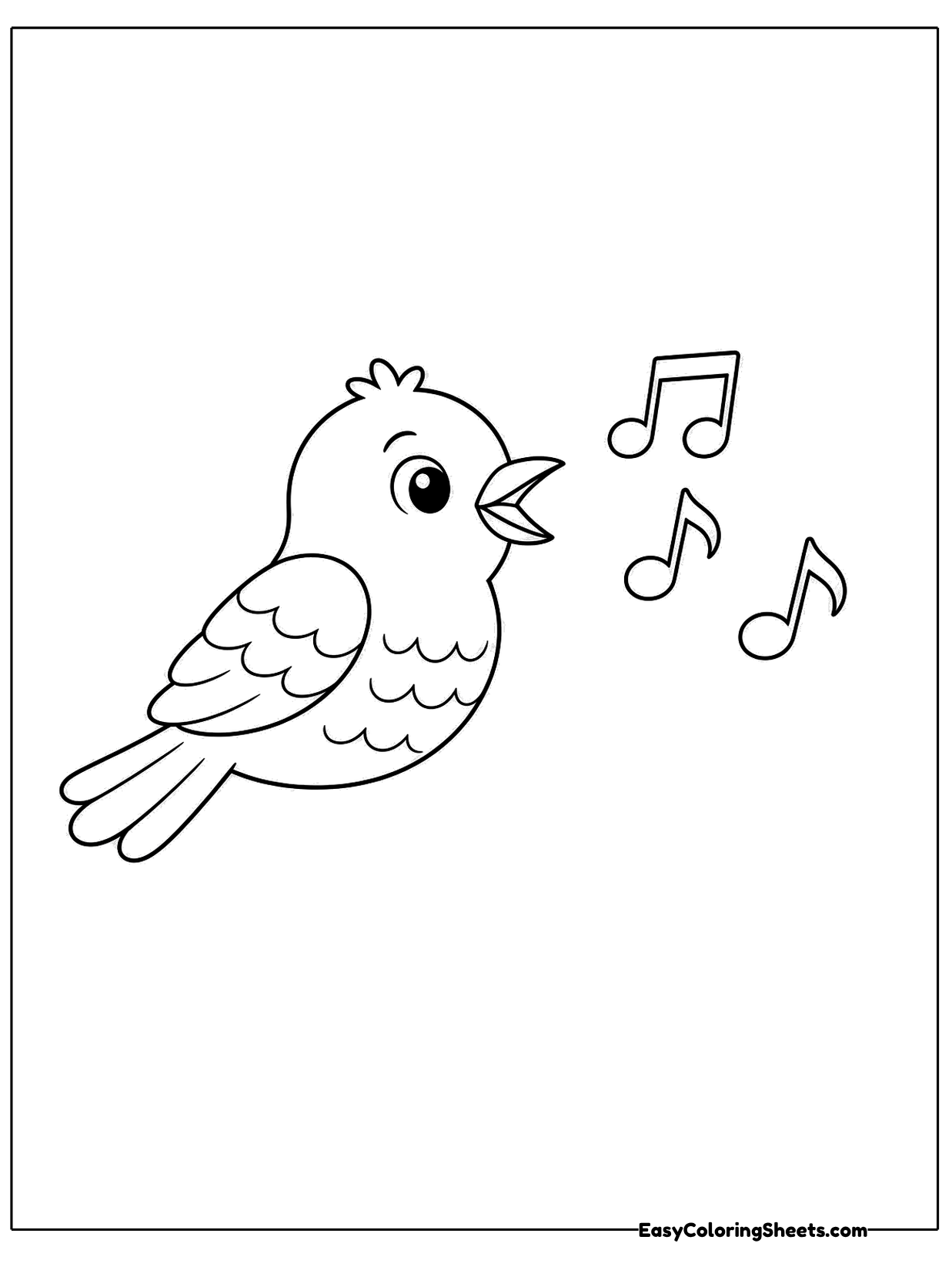 A small songbird sings with its beak open while music notes float in the air beside it.