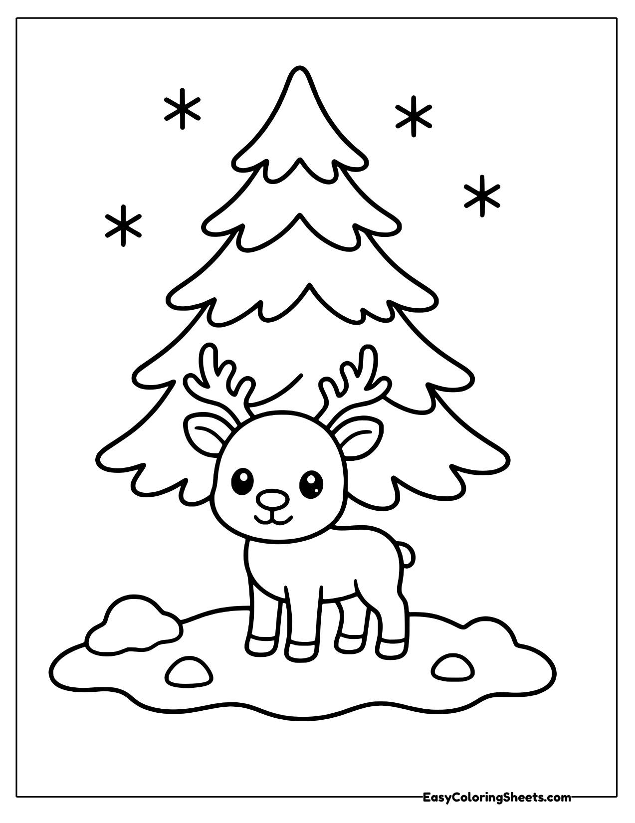 Reindeer under a snowy pine tree