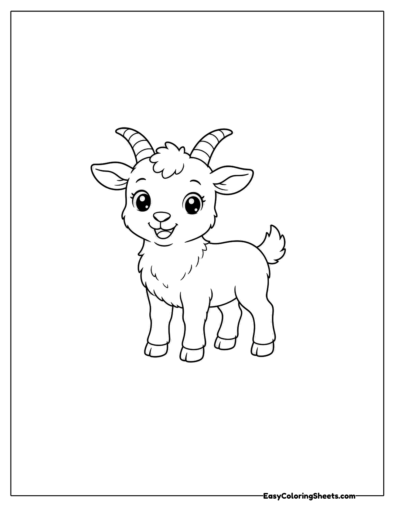 This young kid goat stands squarely facing forward, its ears sticking out sideways and its tiny horns just starting to grow.