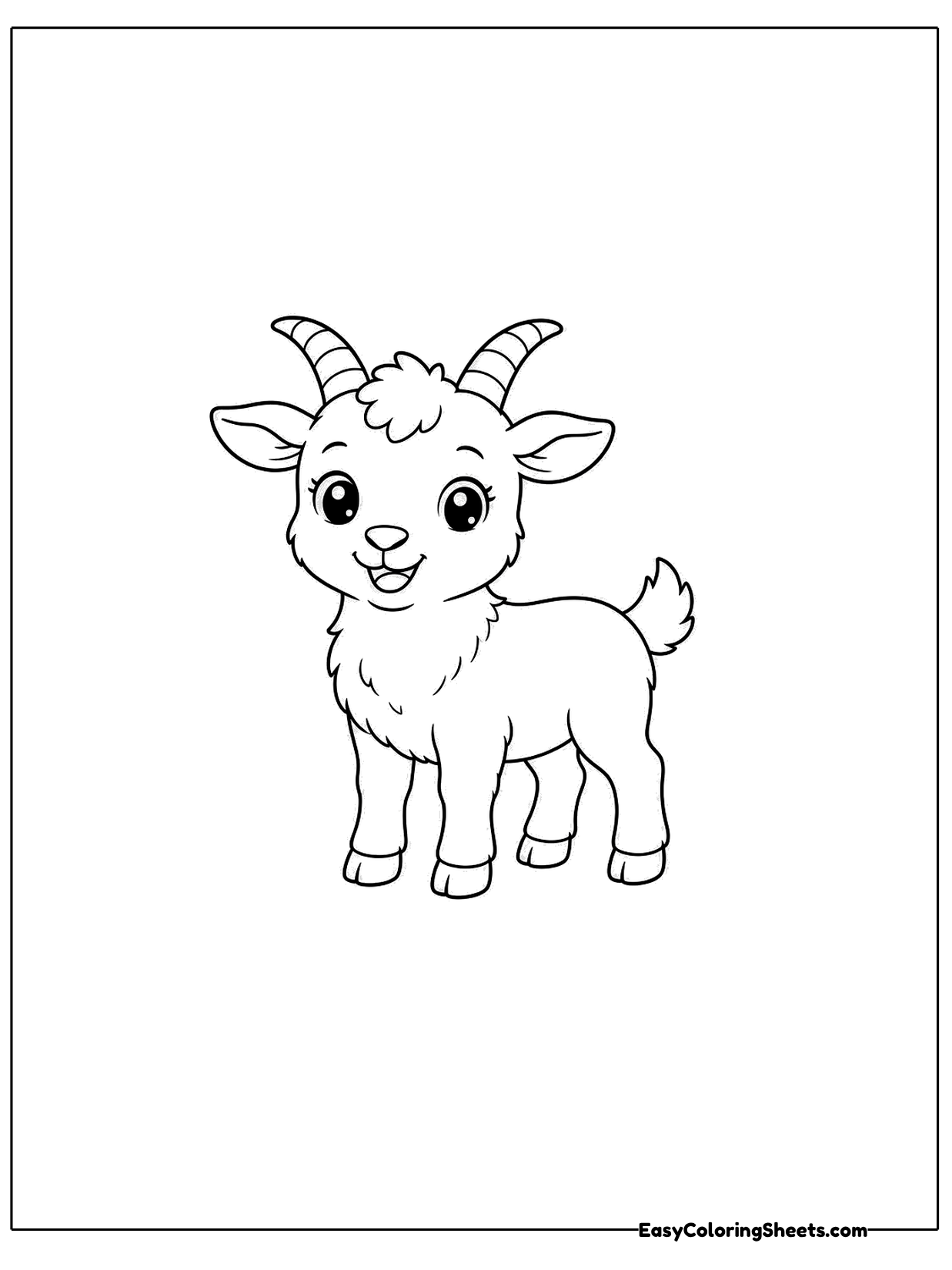 This young kid goat stands squarely facing forward, its ears sticking out sideways and its tiny horns just starting to grow.