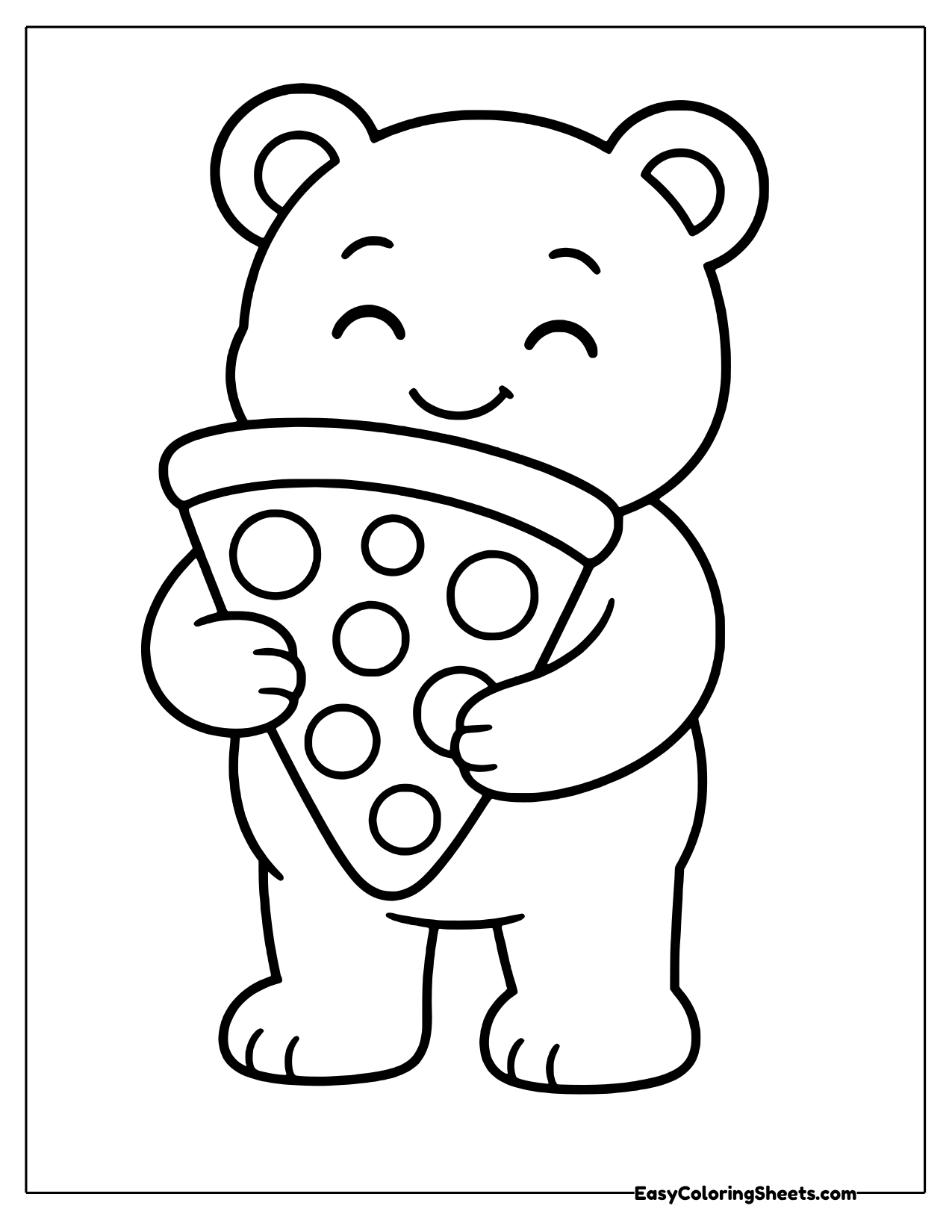 Happy bear hugging a big slice of pepperoni pizza