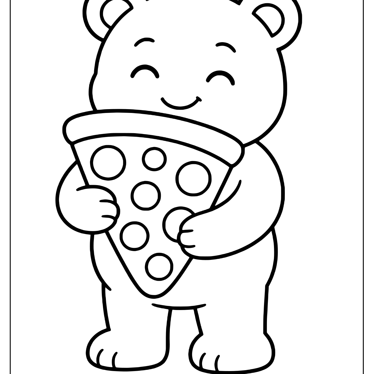 Happy bear hugging a big slice of pepperoni pizza