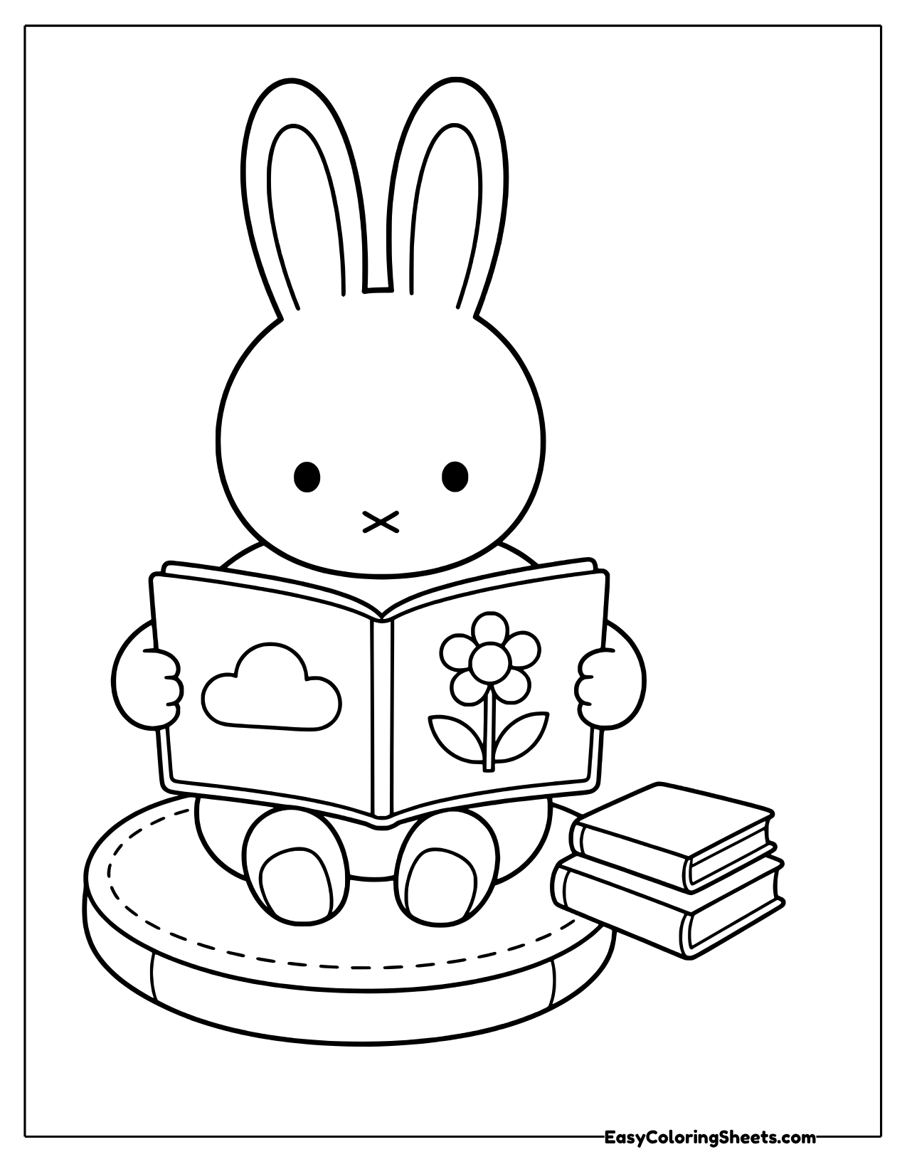 Miffy the bunny sitting and holding an open picture book with a cloud and a flower