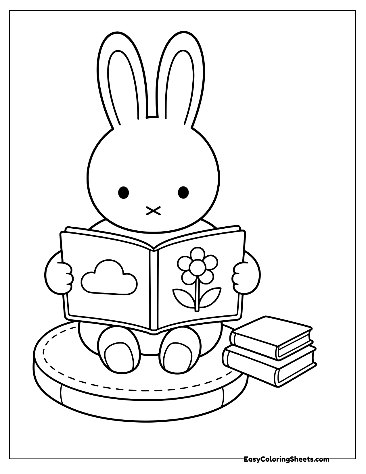 Miffy the bunny sitting and holding an open picture book with a cloud and a flower