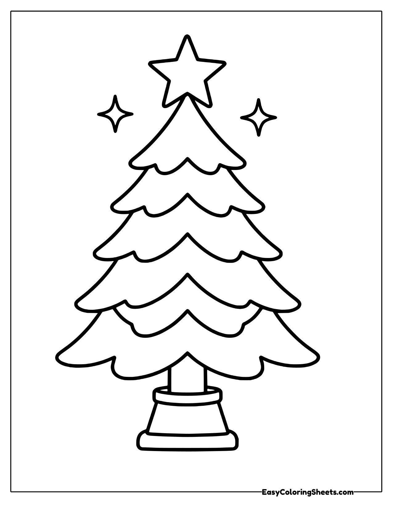 A layered pine tree on a small pot has a star perched on its tip.