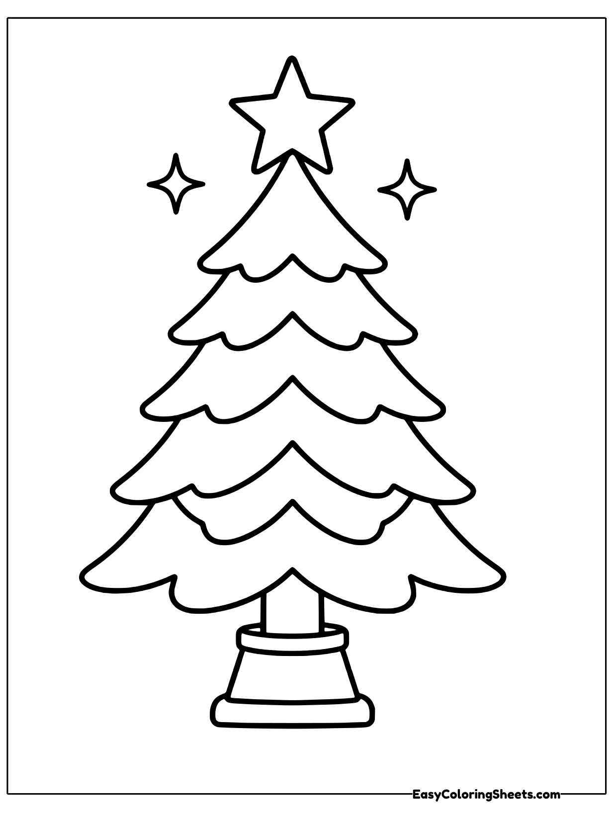 A layered pine tree on a small pot has a star perched on its tip.