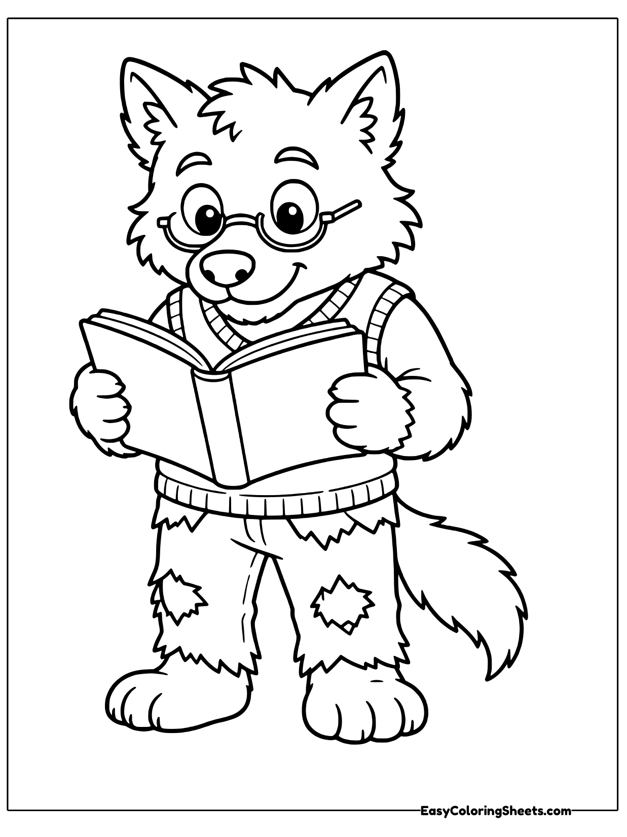 A werewolf wearing round glasses reads an open book.