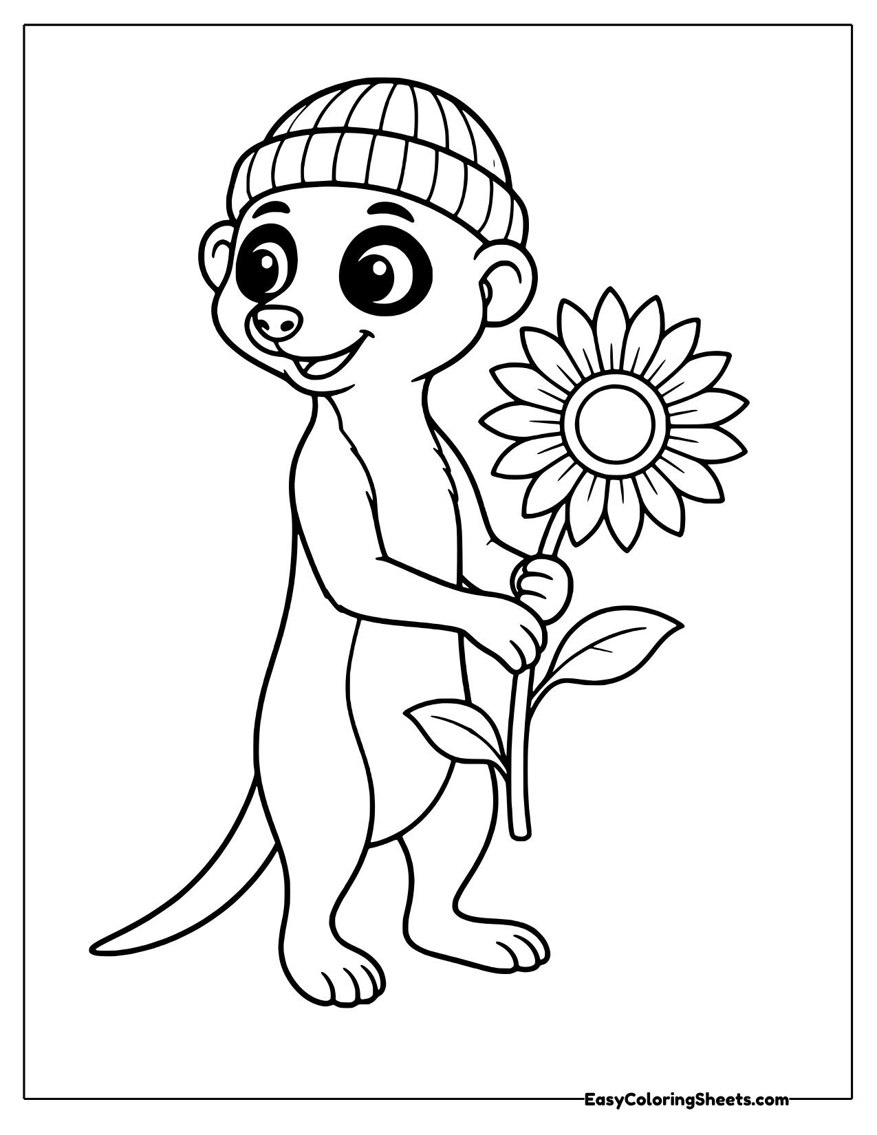 Meerkat in a knit cap holding a sunflower