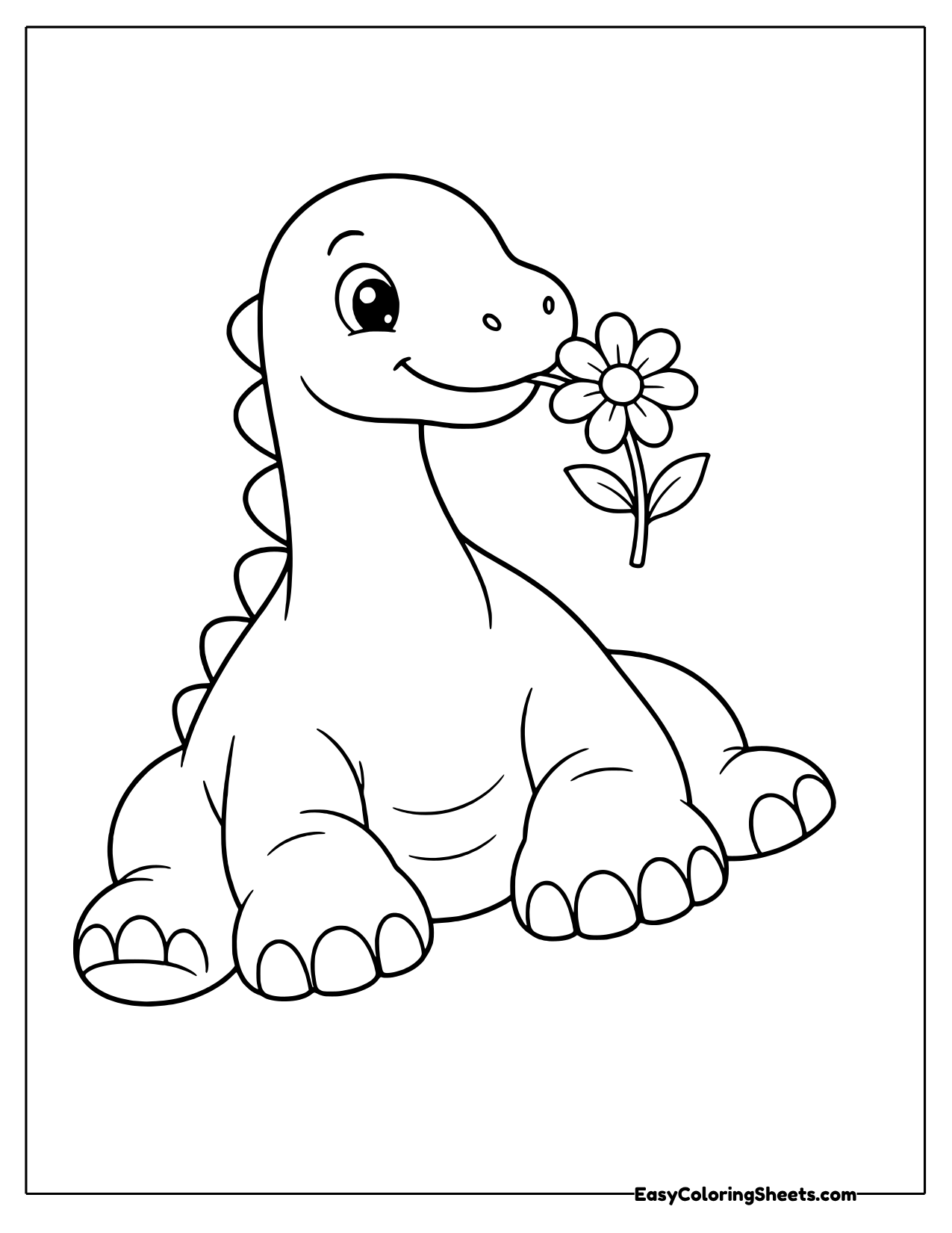 Smiling brachiosaurus holding a flower in its mouth
