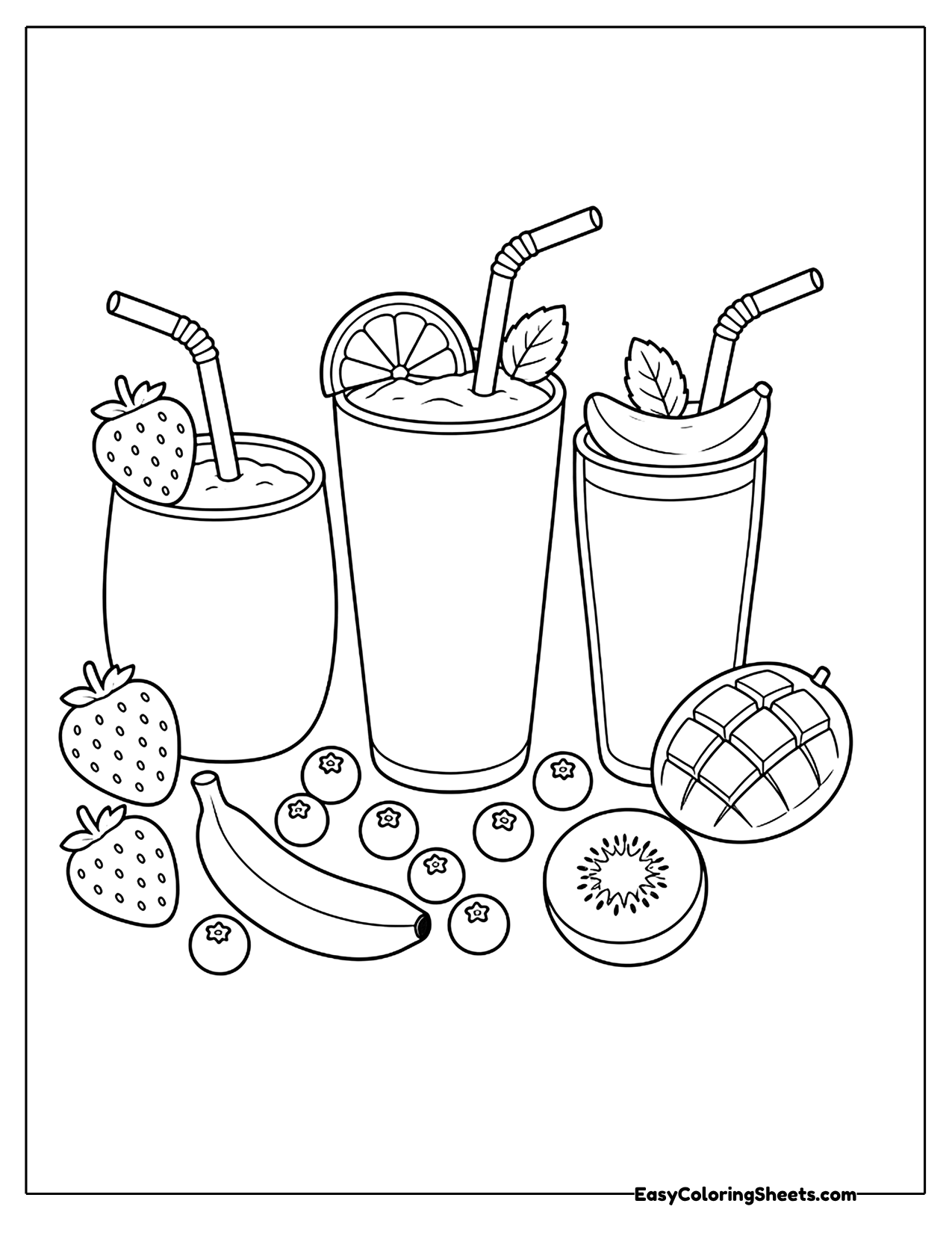 Three fruit smoothies with straws and fresh fruit