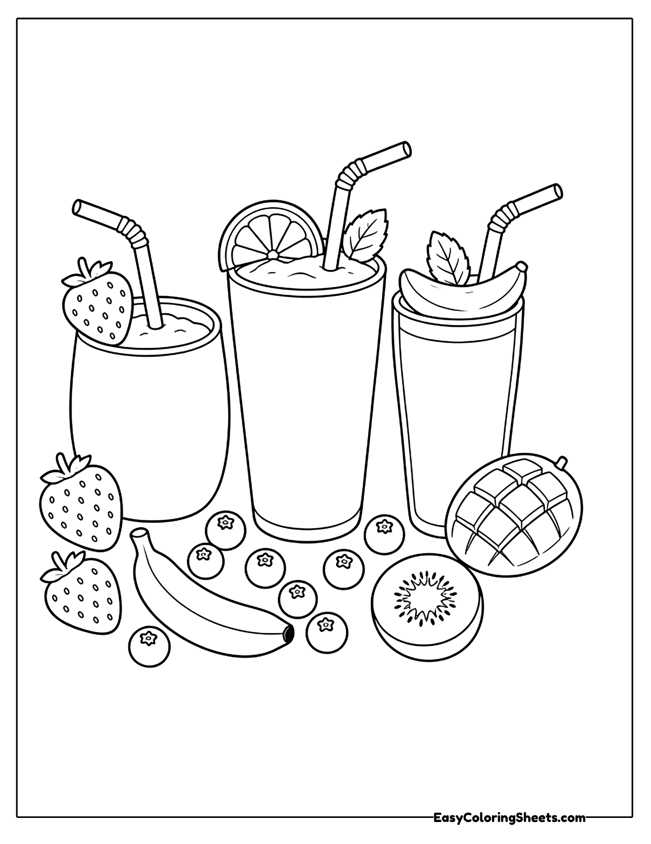 Three fruit smoothies with straws and fresh fruit