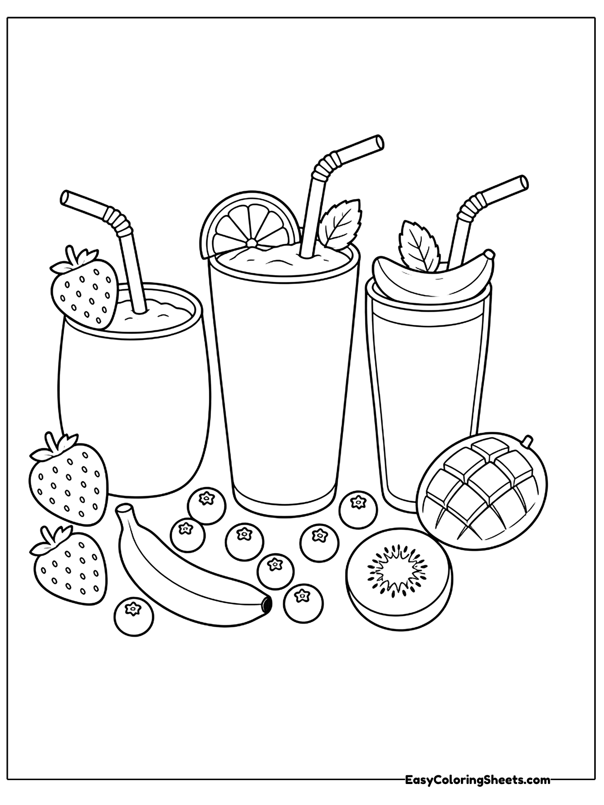 Three tall smoothie glasses with straws stand together, surrounded by strawberries, bananas, a kiwi and blueberries.