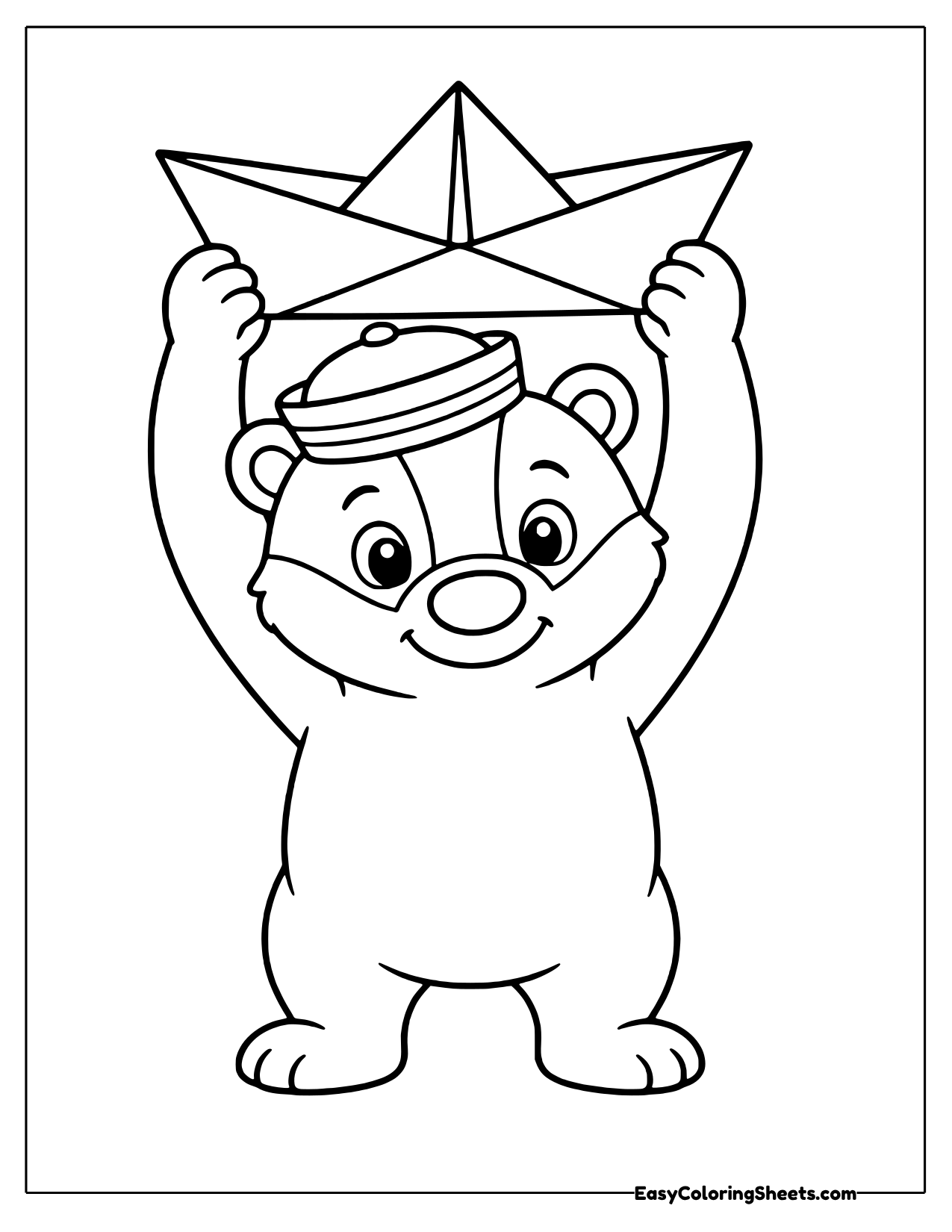 Badger in a sailor cap holding a large paper boat above its head
