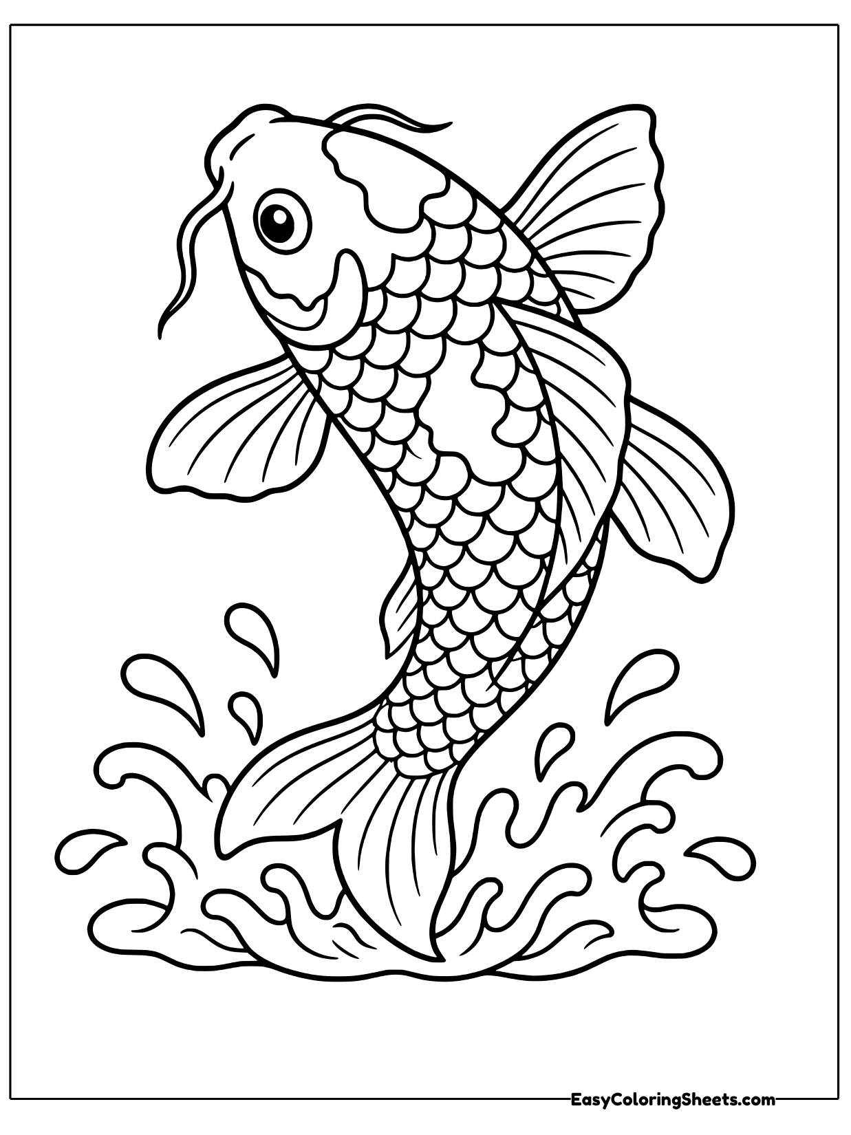 A koi leaps upward from a splash of water drops with its body bending gracefully.