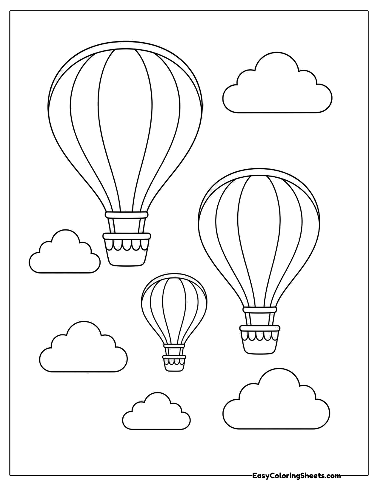 Three striped hot air balloons floating among clouds