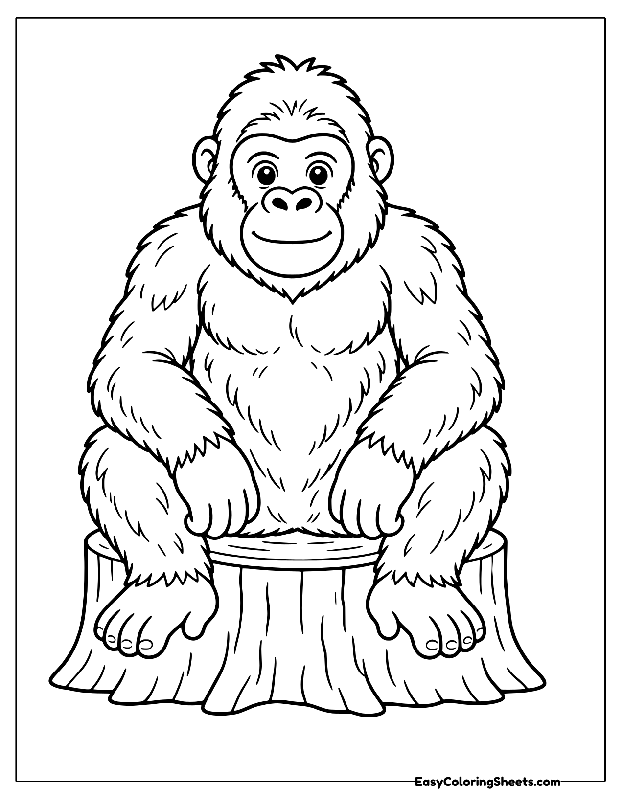 Gorilla sitting on a tree stump with hands on its knees