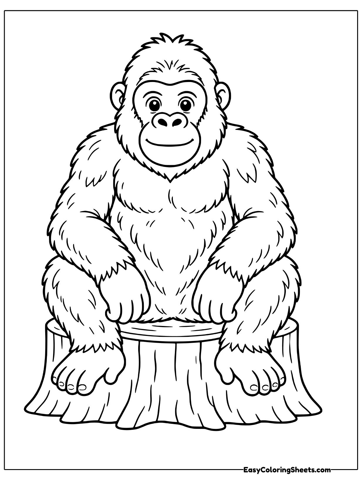 A muscular gorilla sits on a wide tree stump, resting its big hands on its knees and gazing ahead with a calm face.