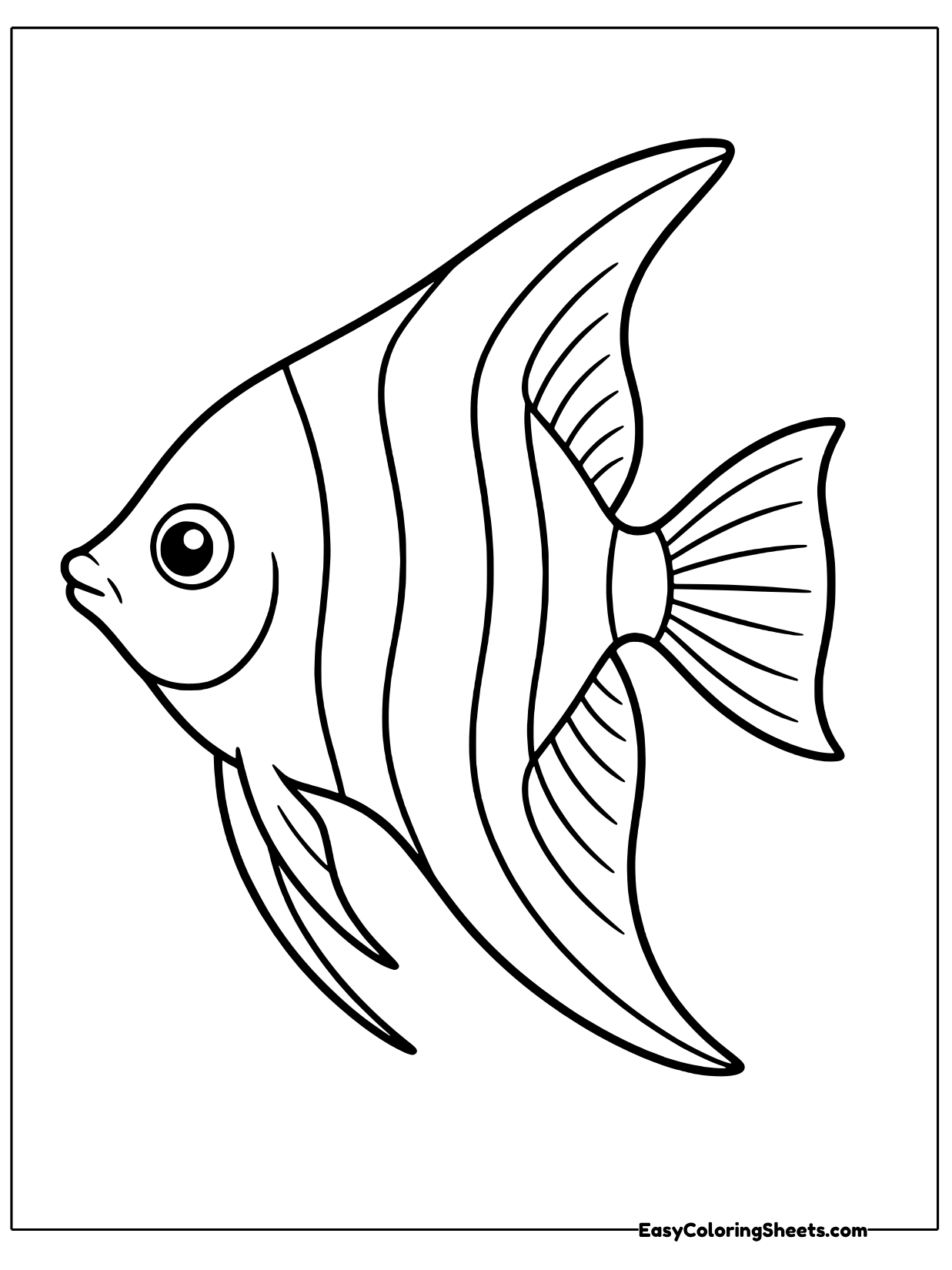 A tall, triangle shaped angelfish shows off long trailing fins and dark bands across its body.
