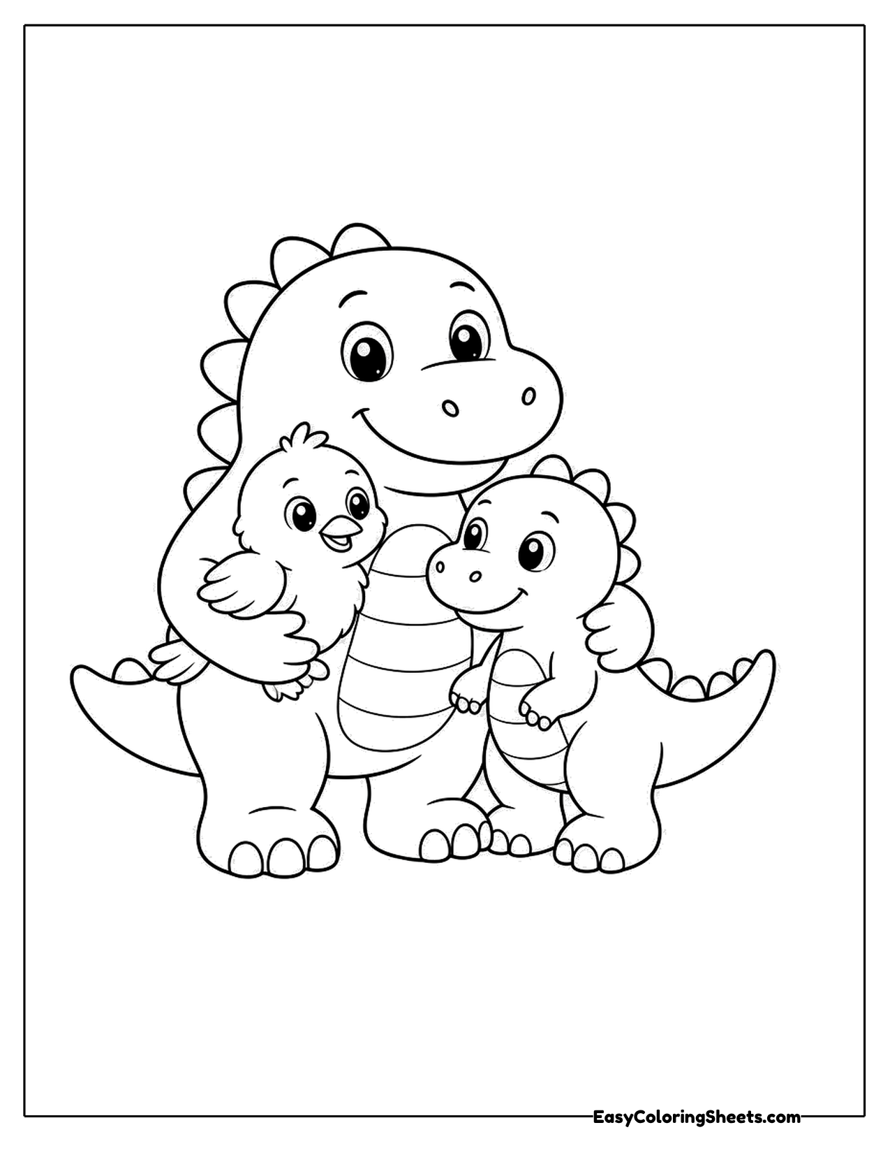 Dinosaur hugging two smaller dinosaur friends