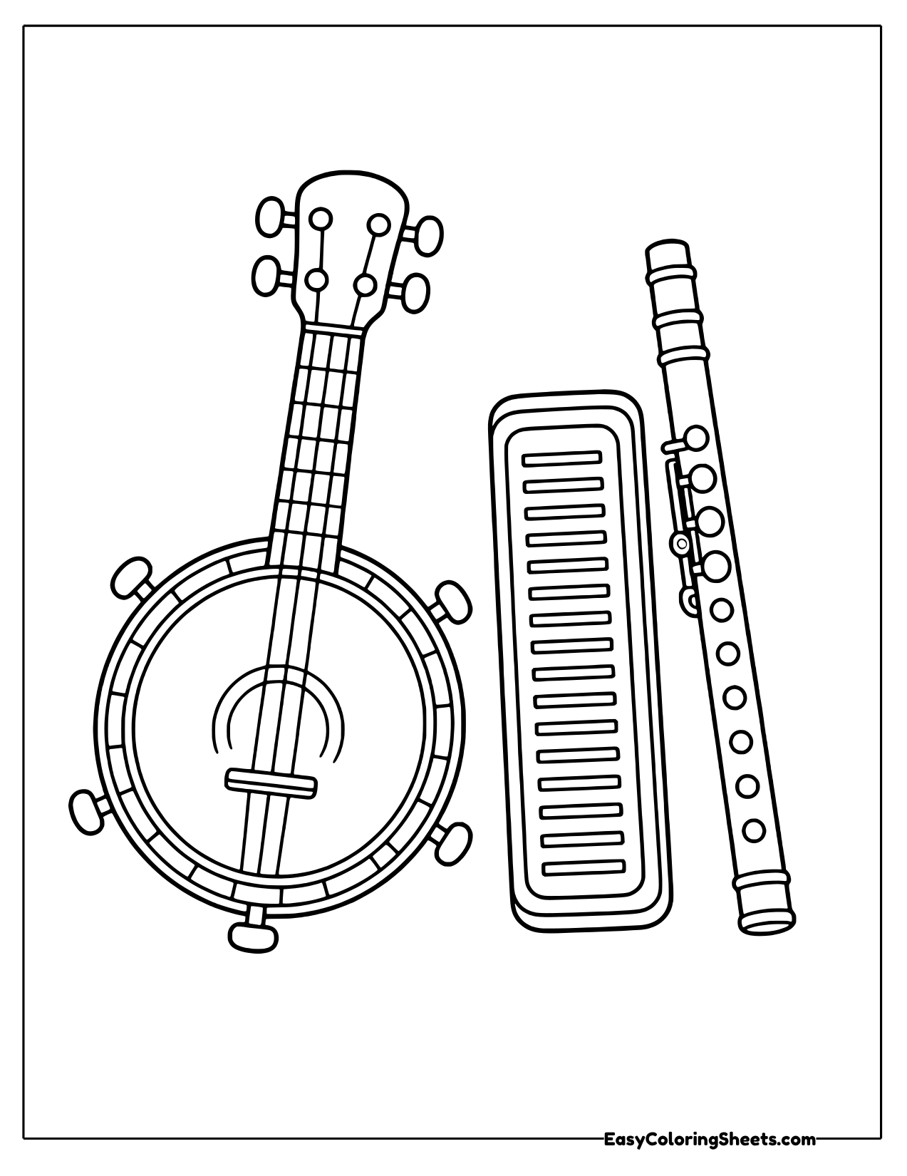 Banjo, harmonica and flute side by side