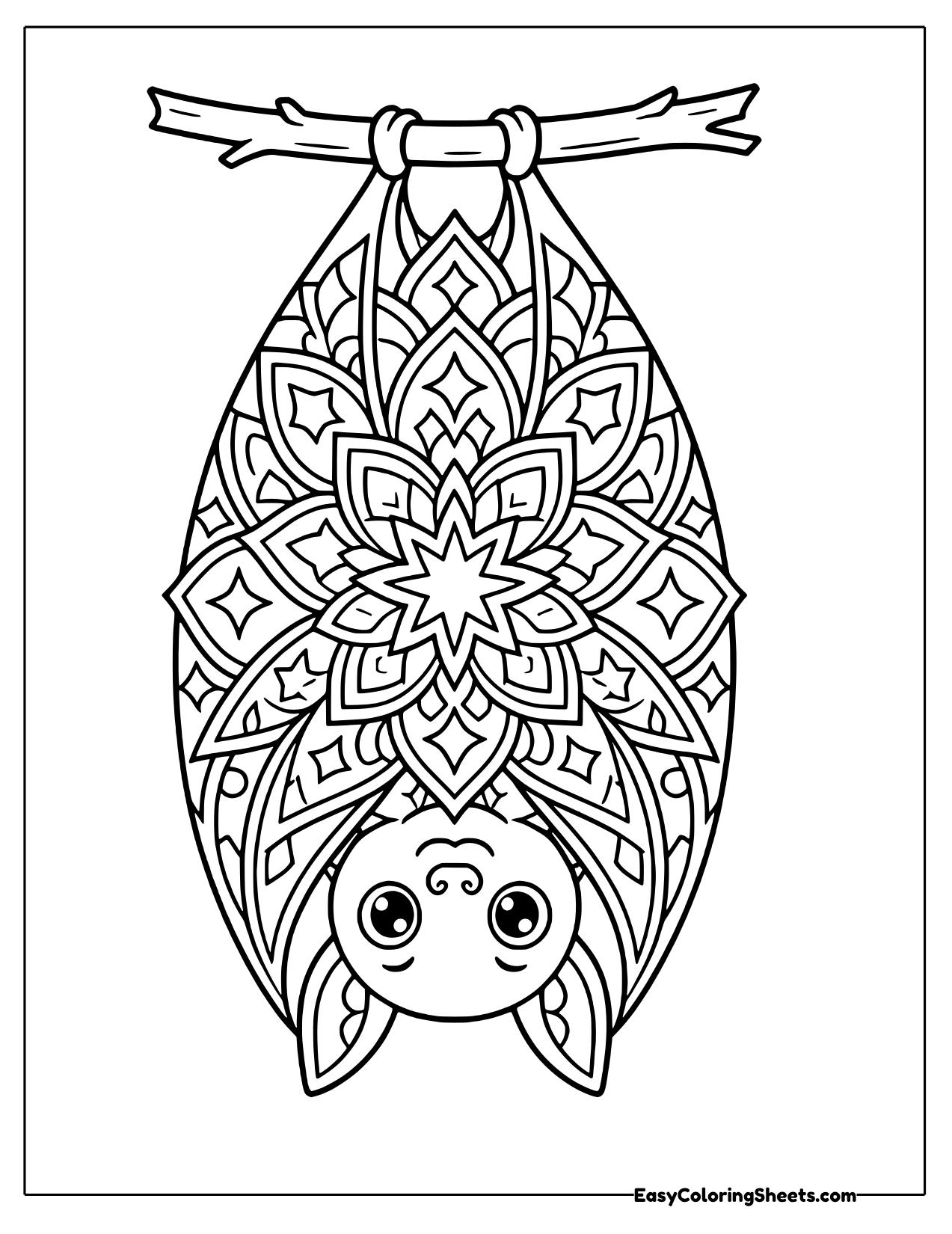 Upside down bat hanging from a branch with mandala patterned wings