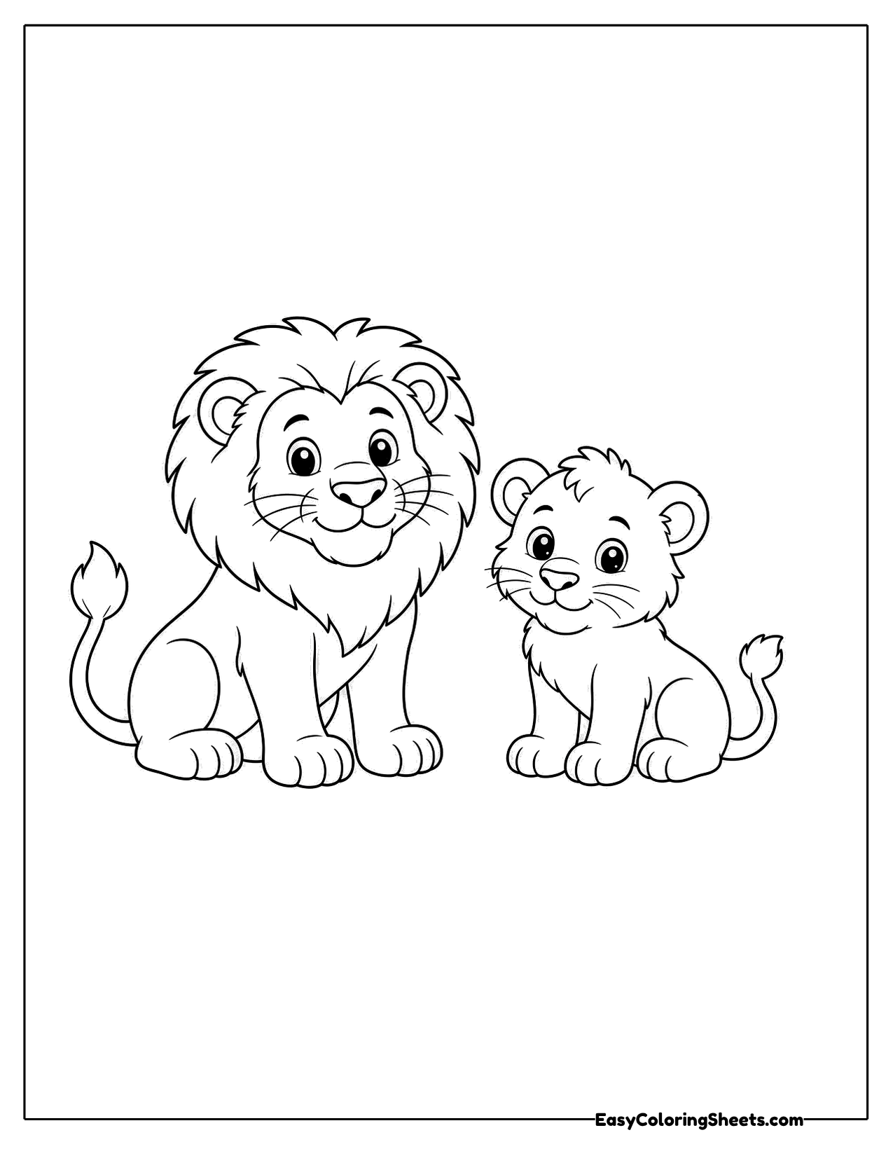 Adult lion sitting beside a small cub