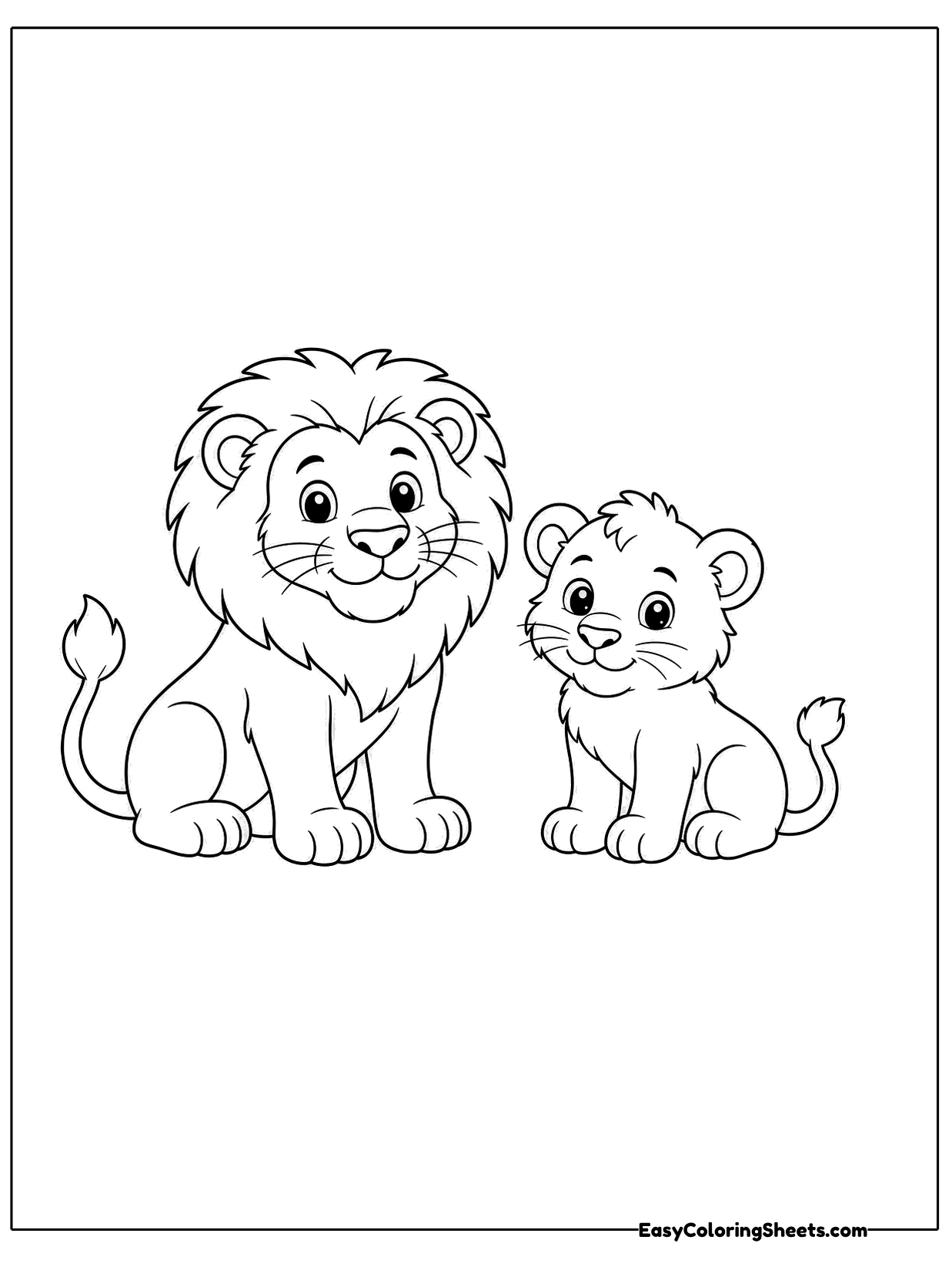 A grown lion with a full mane sits next to a little cub, both looking out with friendly faces.