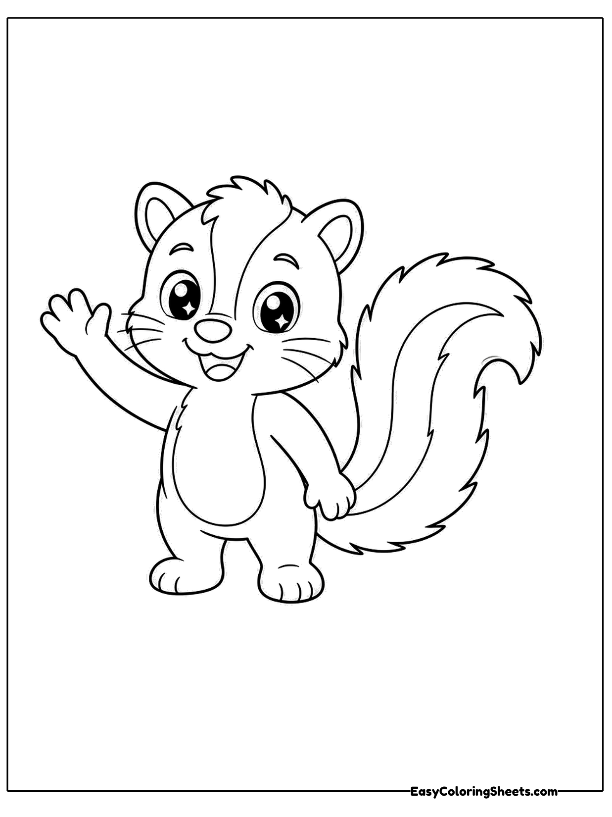 A friendly skunk stands upright and waves one paw with a happy grin.