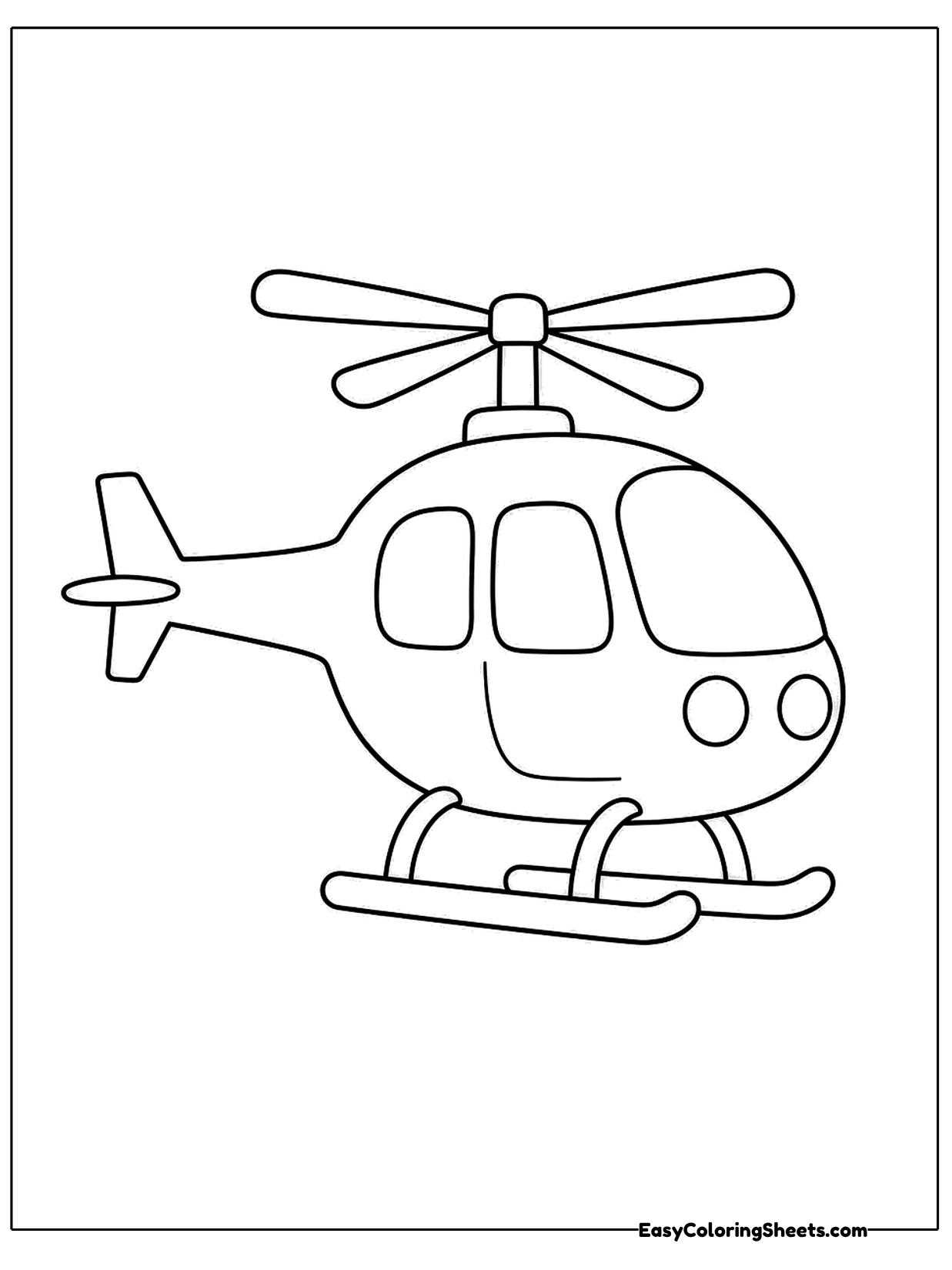 An easy helicopter drawn with bold outlines shows a big cabin with round windows, a long tail and wide rotor blades on top.