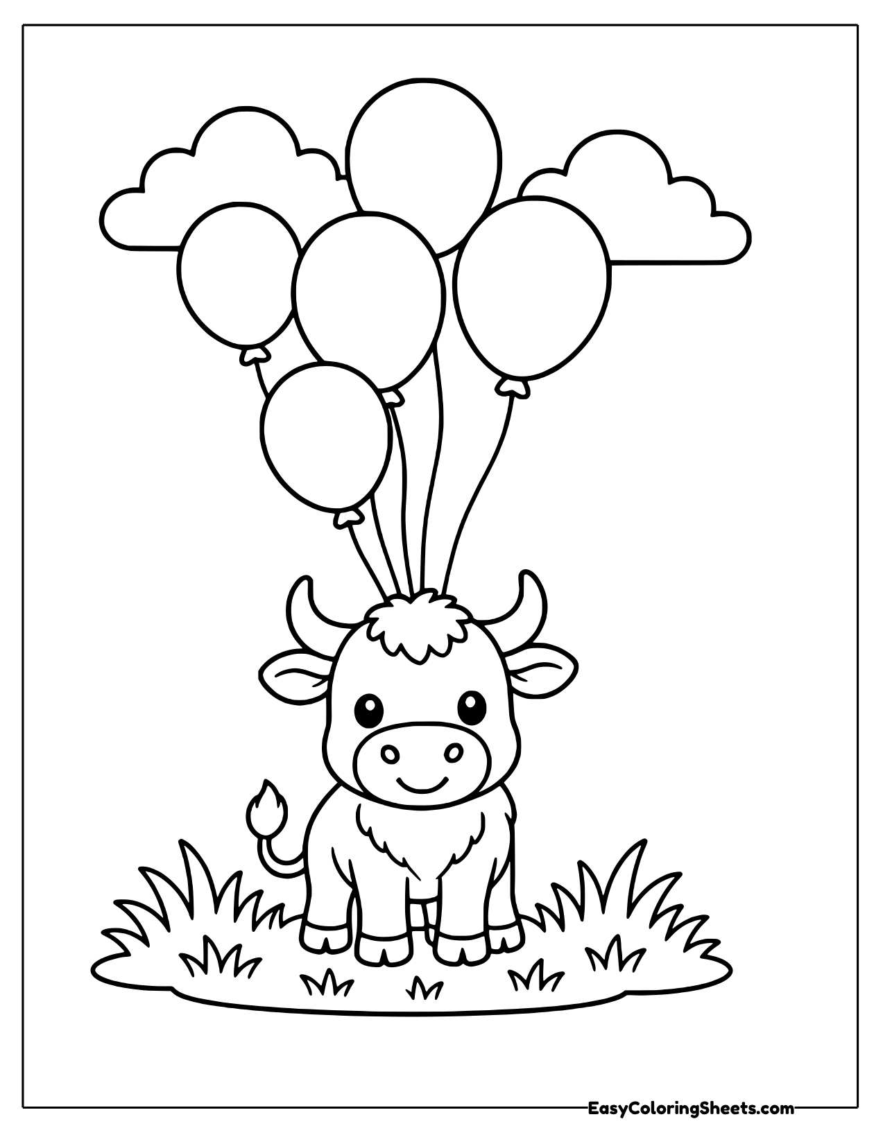 Bull holding a bunch of balloons
