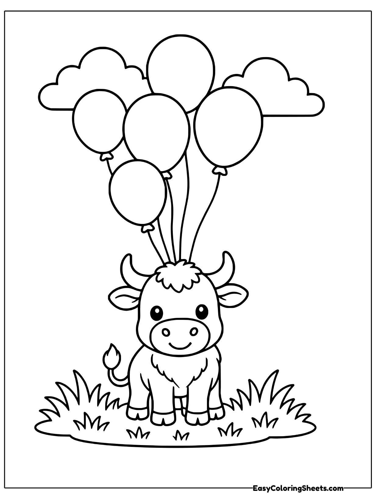 A cute bull sits in the grass holding the strings of a bunch of balloons floating high above it, with clouds in the sky.