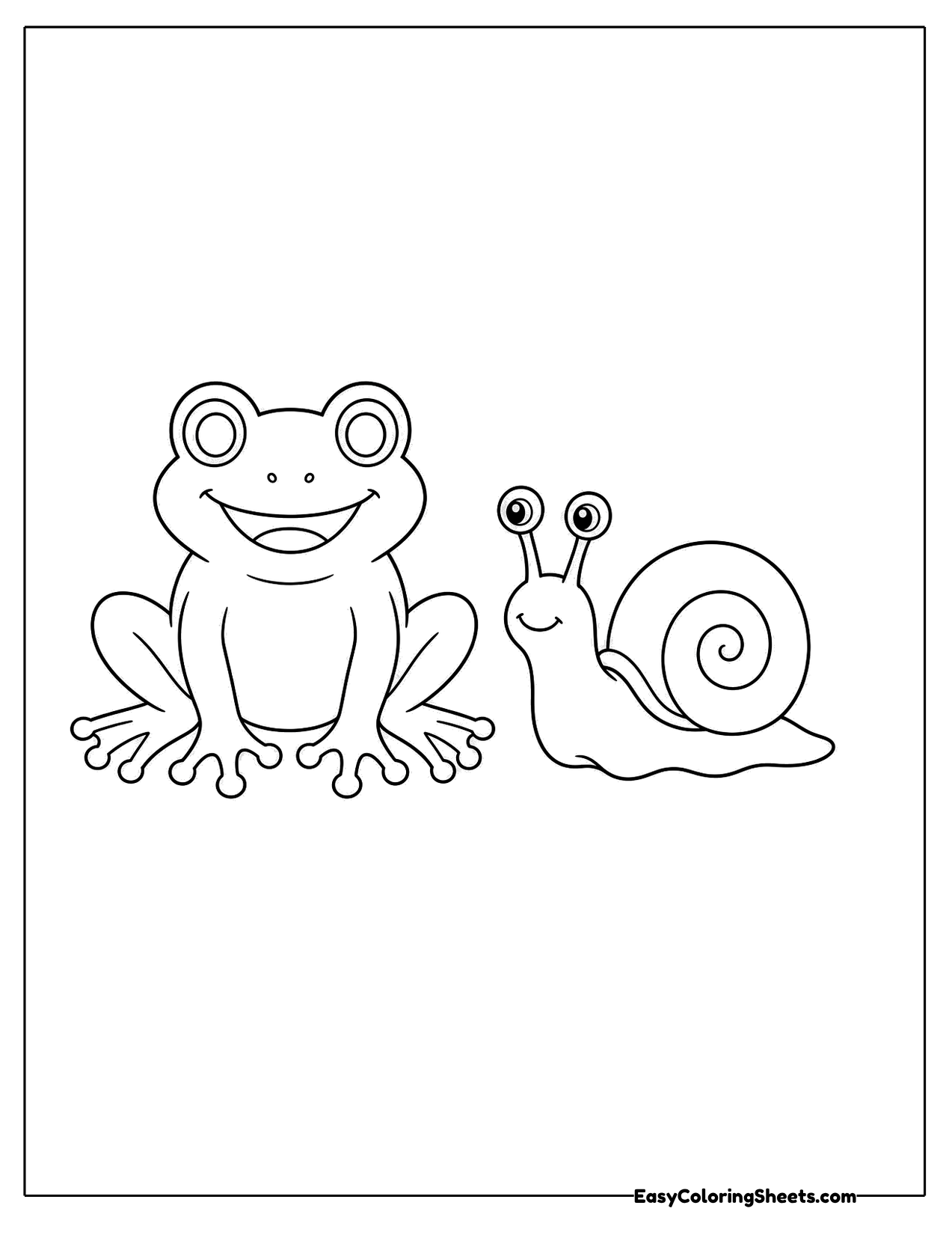 Frog sitting beside a snail with a spiral shell