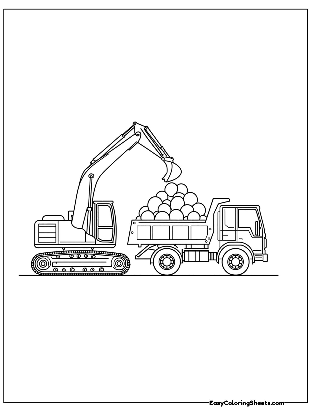 An excavator lifts rocks into the bed of a truck that is already piled high.