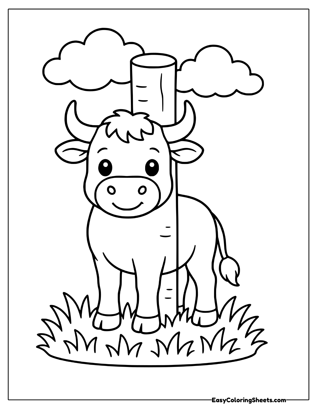 Bull standing in front of a fence post