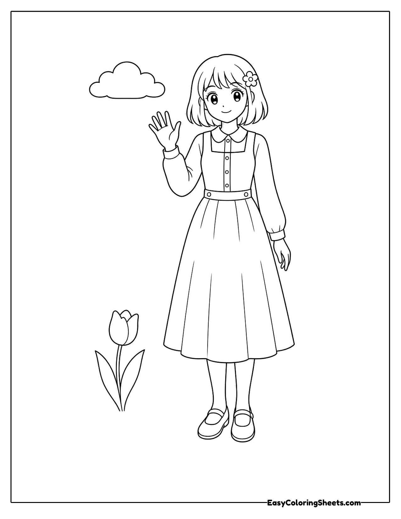 Anime-style girl waving beside a flower