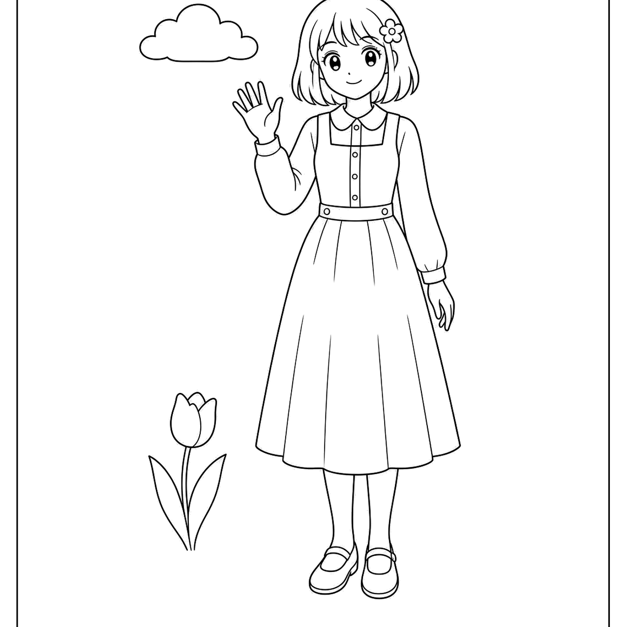 Anime-style girl waving beside a flower