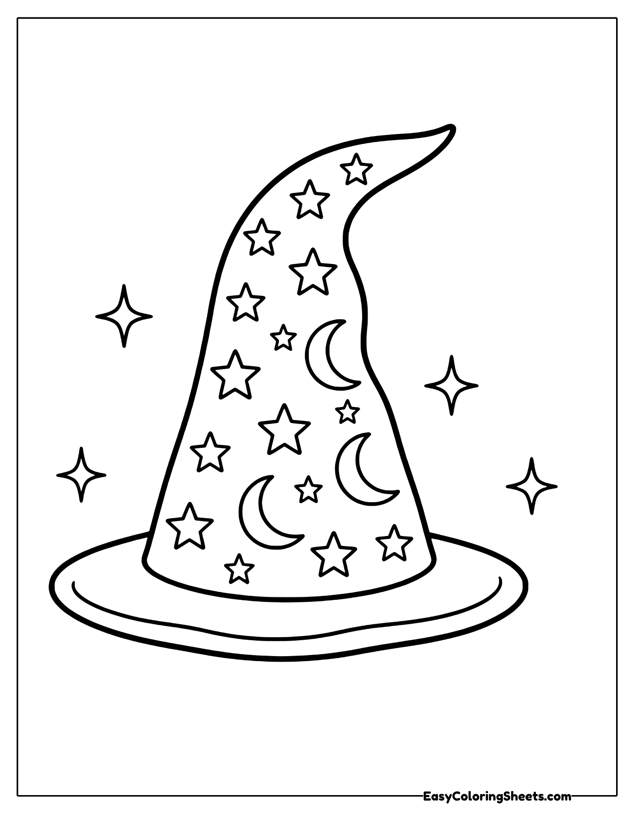 A tall pointed wizard hat with a wide brim is decorated with stars and crescent moons, and the tip bends to one side.