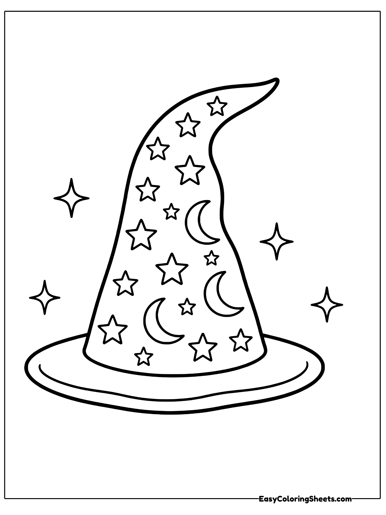 A tall pointed wizard hat with a wide brim is decorated with stars and crescent moons, and the tip bends to one side.