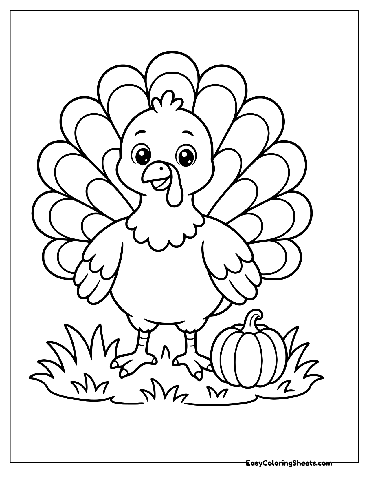 Turkey standing beside a small pumpkin