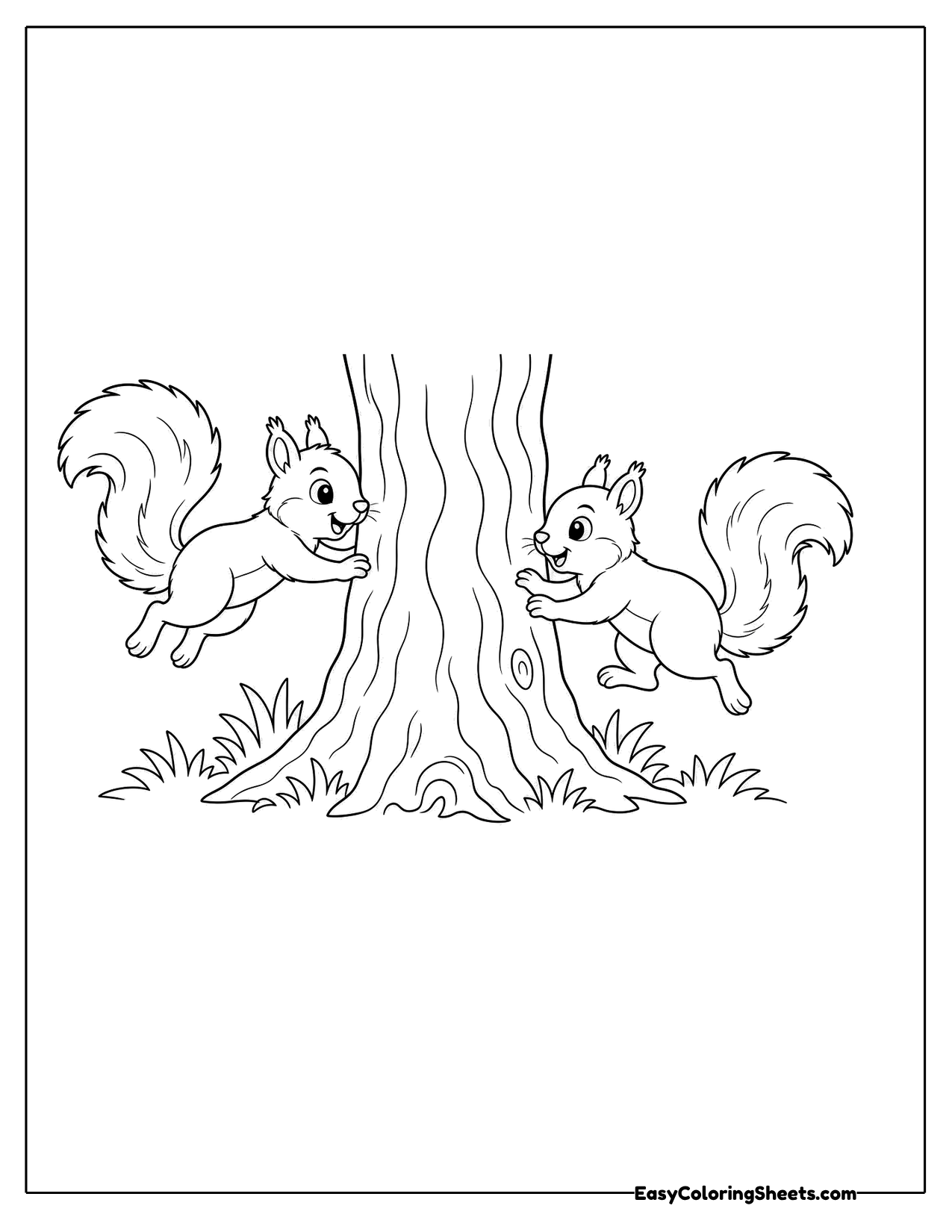 Two squirrels chasing each other around a tree