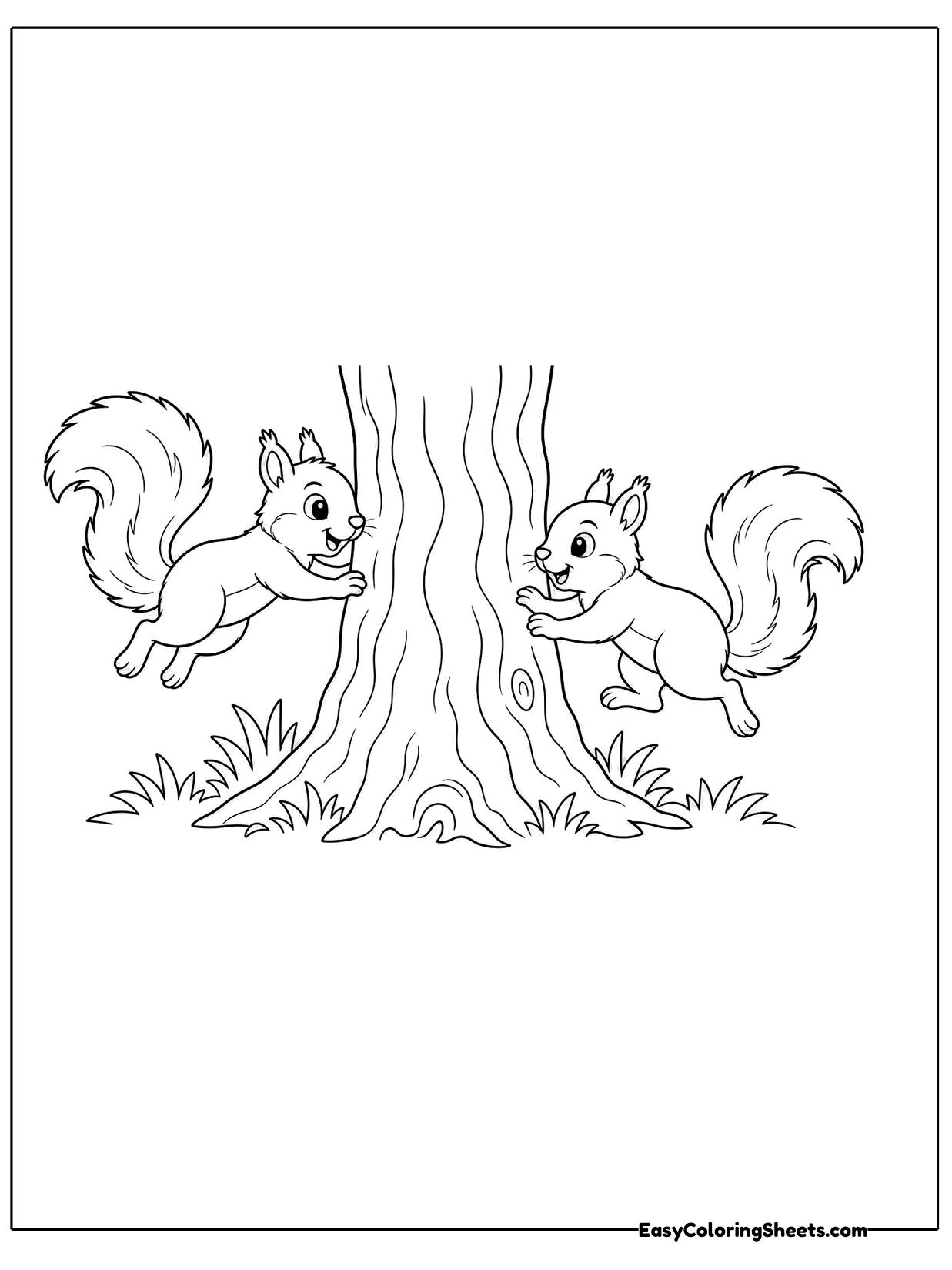 Two squirrels scamper around a thick tree trunk, one on each side, as if playing tag.