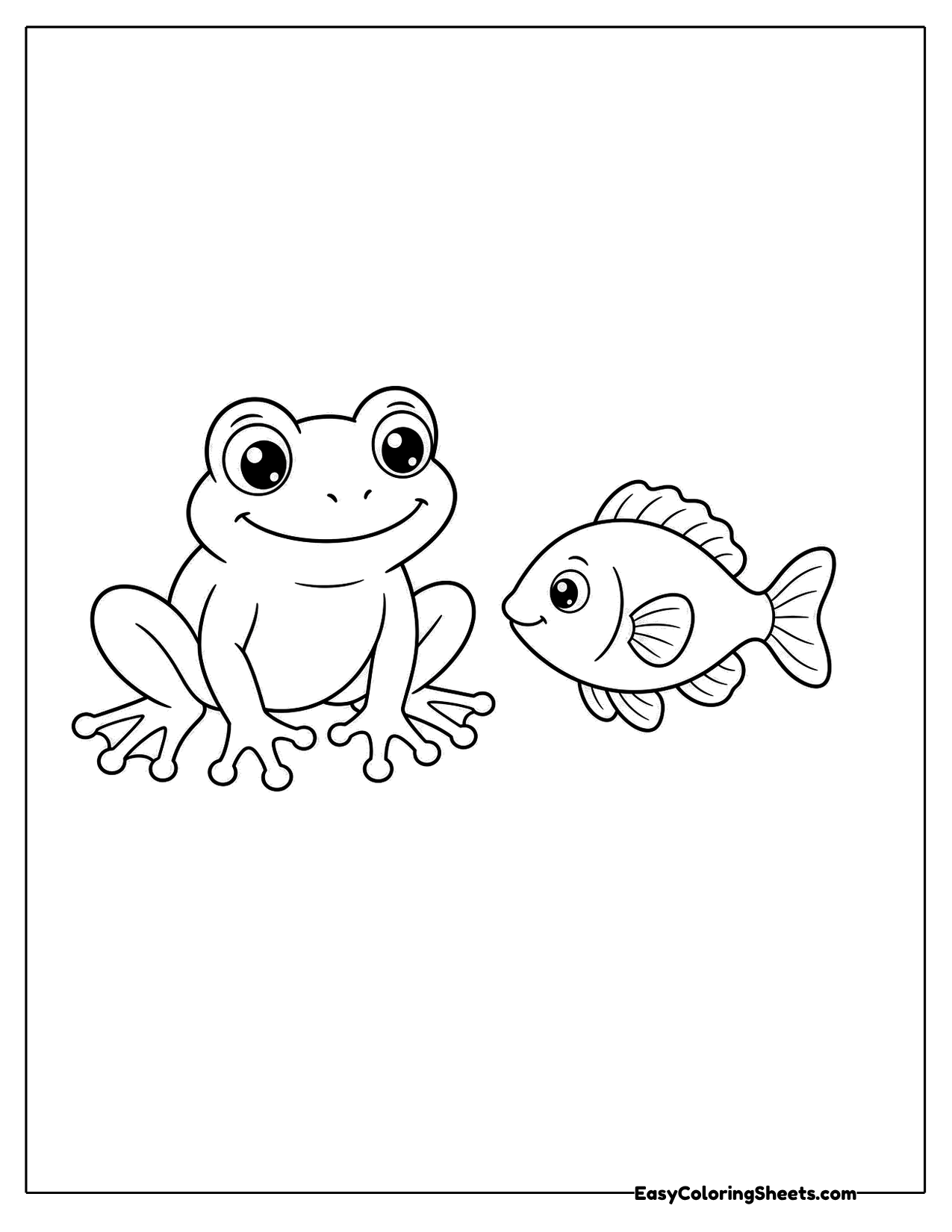 Frog sitting beside a striped fish with fins