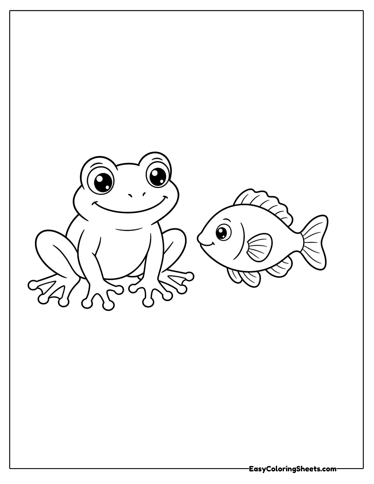 Frog sitting beside a striped fish with fins